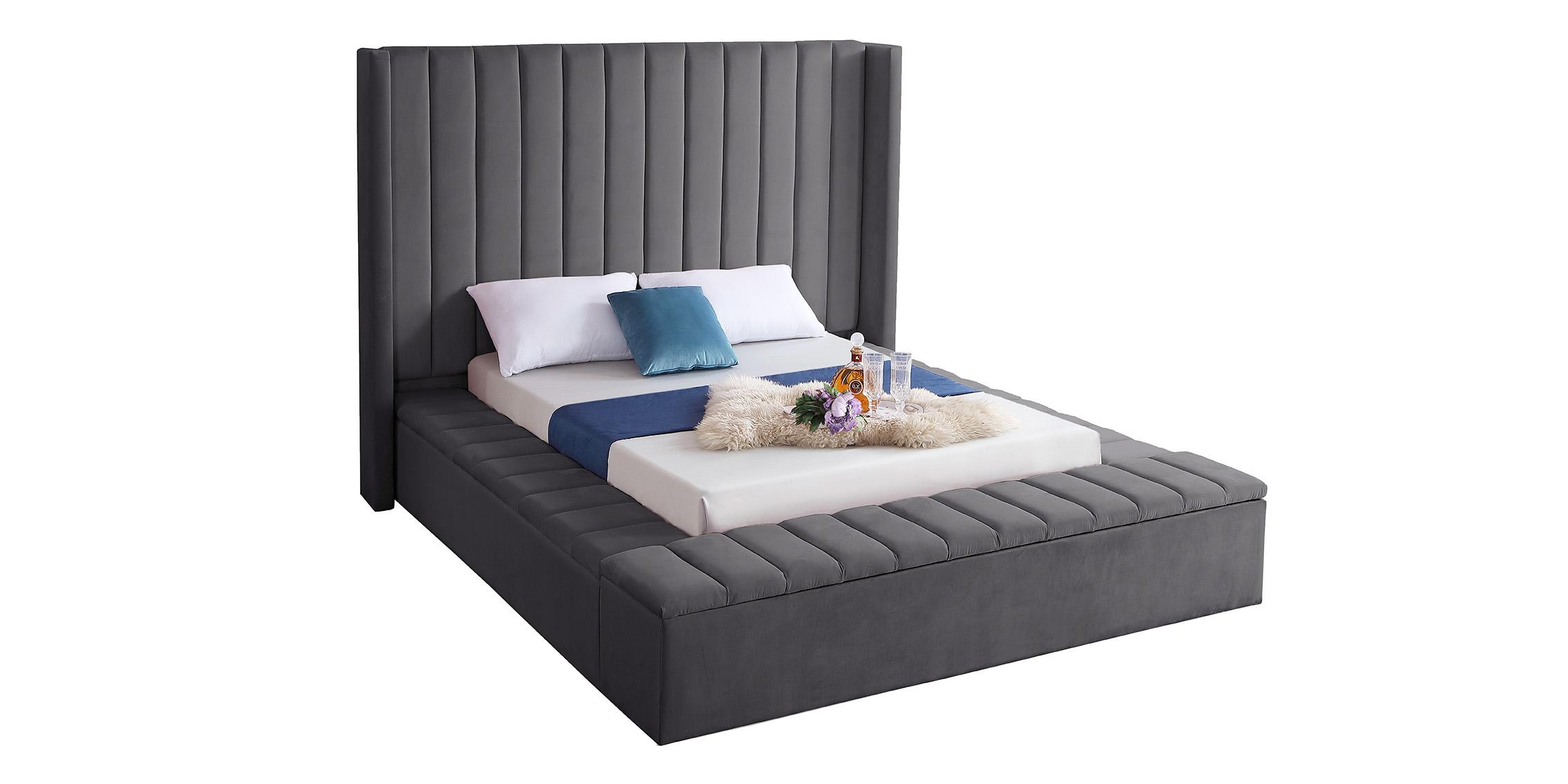 

    
Grey Velvet Channel Tufted Storage Queen Bed KIKI Meridian Contemporary Modern

