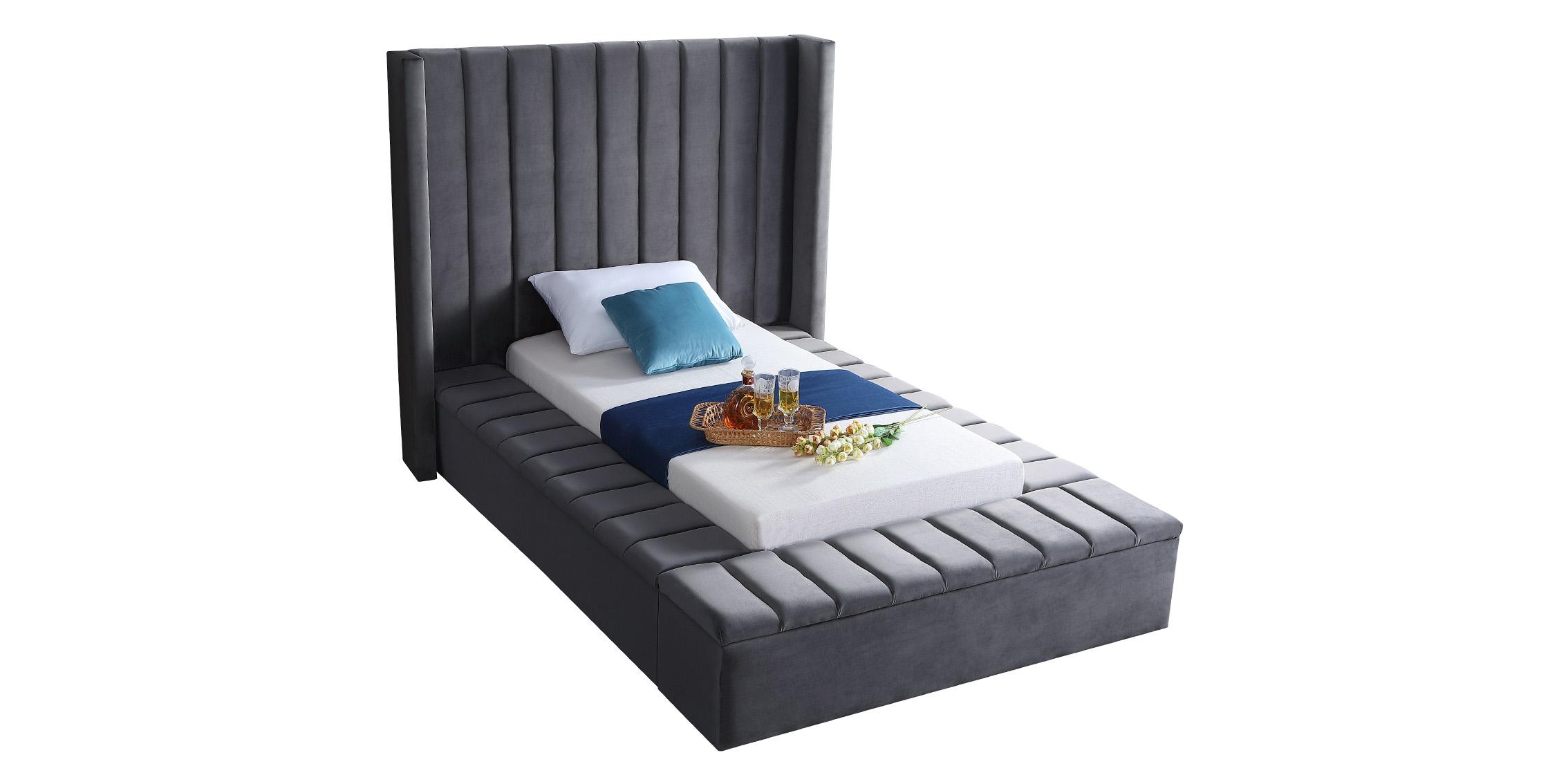 

    
Grey Velvet Channel Tufted Storage Twin Bed KIKI Meridian Contemporary Modern
