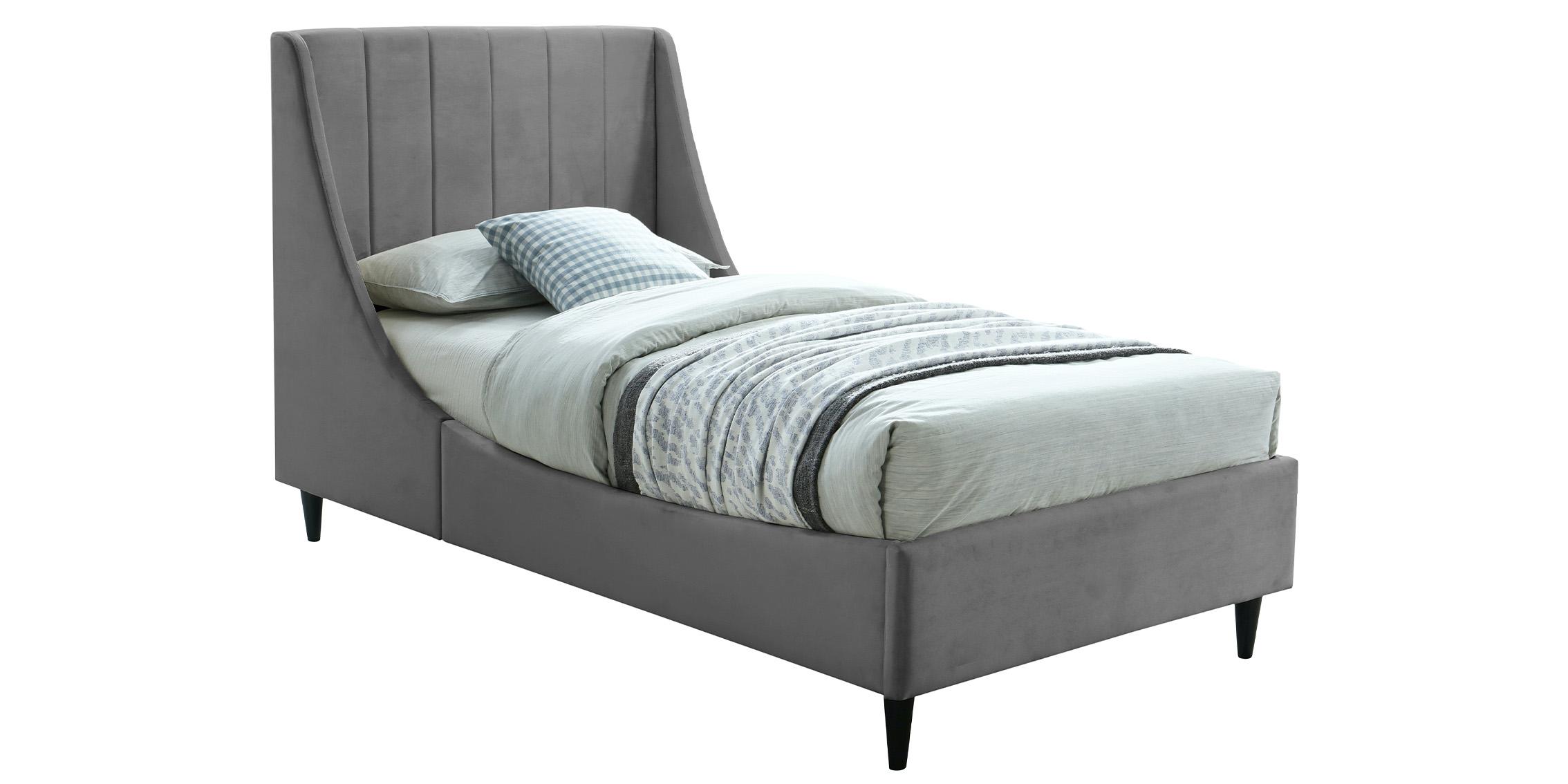 

    
Grey Velvet Channel Tufted Twin Bed EVA EvaGrey-T Meridian Contemporary
