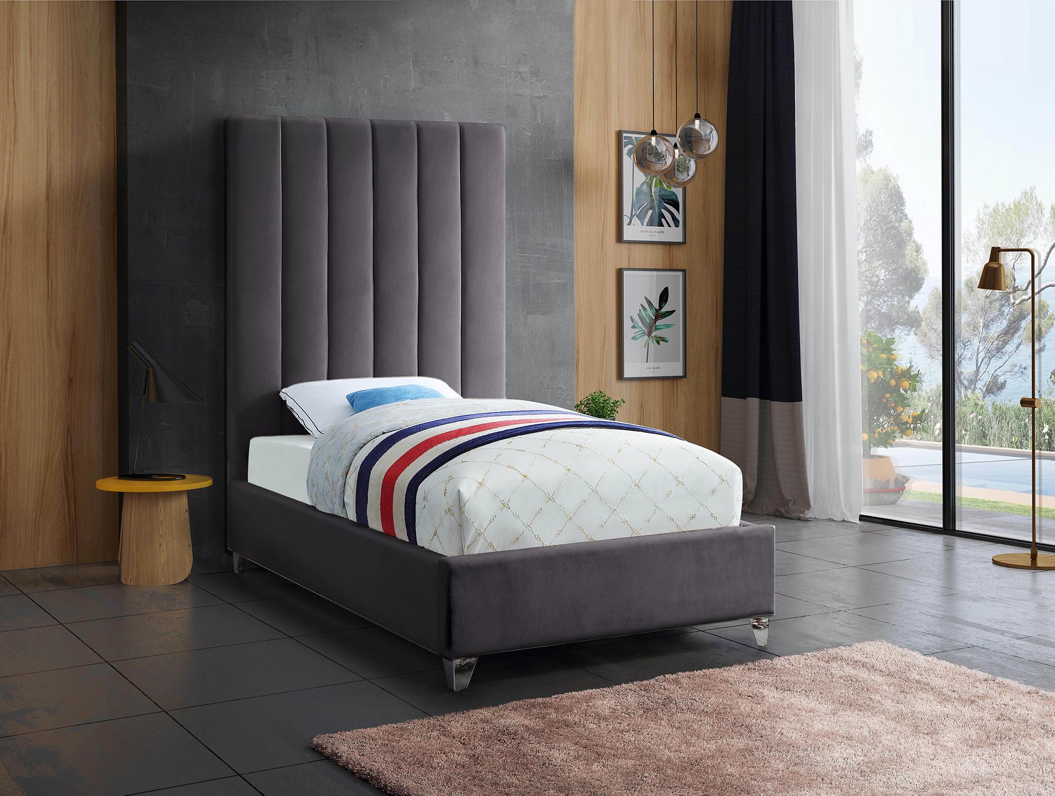 

    
Grey Velvet Channel Tufted Twin Bed VIA Meridian Contemporary Modern
