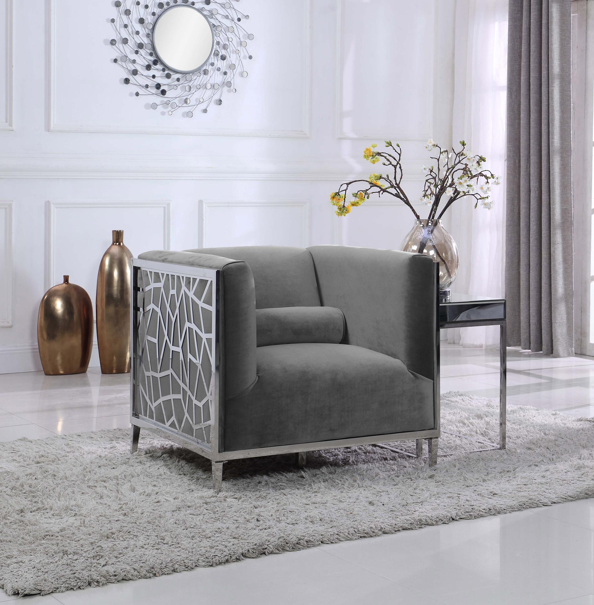 

    
Grey Velvet & Chrome Stainless Steel Arm Chair OPAL 672Grey-C Meridian Modern
