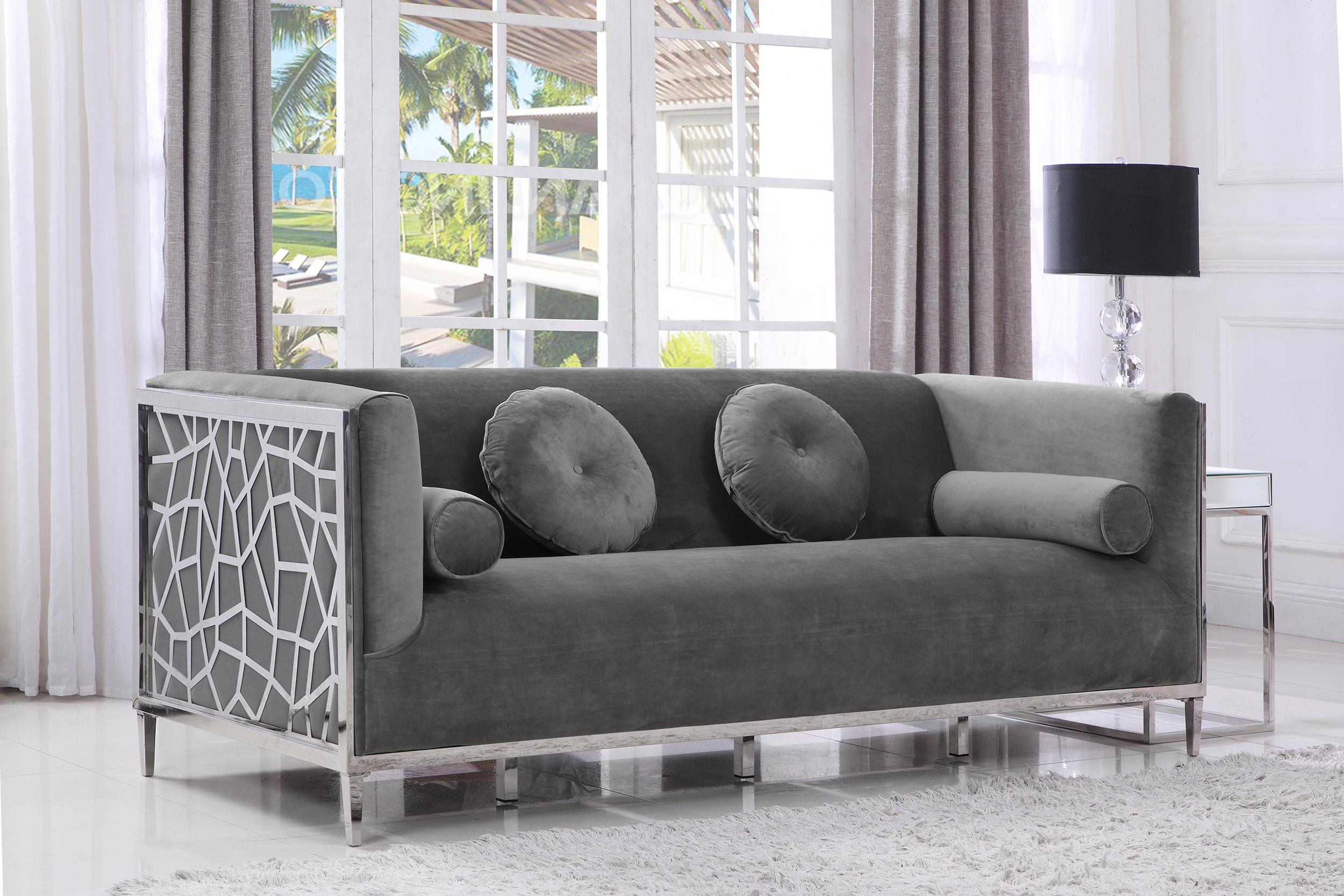 

    
Glam Grey Velvet & Chrome Stainless Steel Sofa OPAL 672Grey-S Meridian Modern
