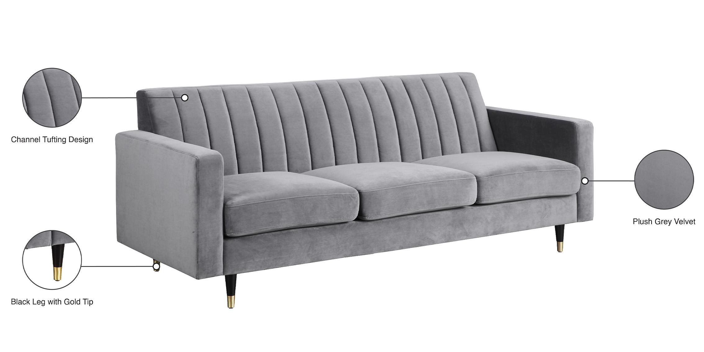 

    
 Photo  Grey Velvet Channel Tufting Sofa Set 3Pcs LOLA 619Grey Meridian Classic Modern
