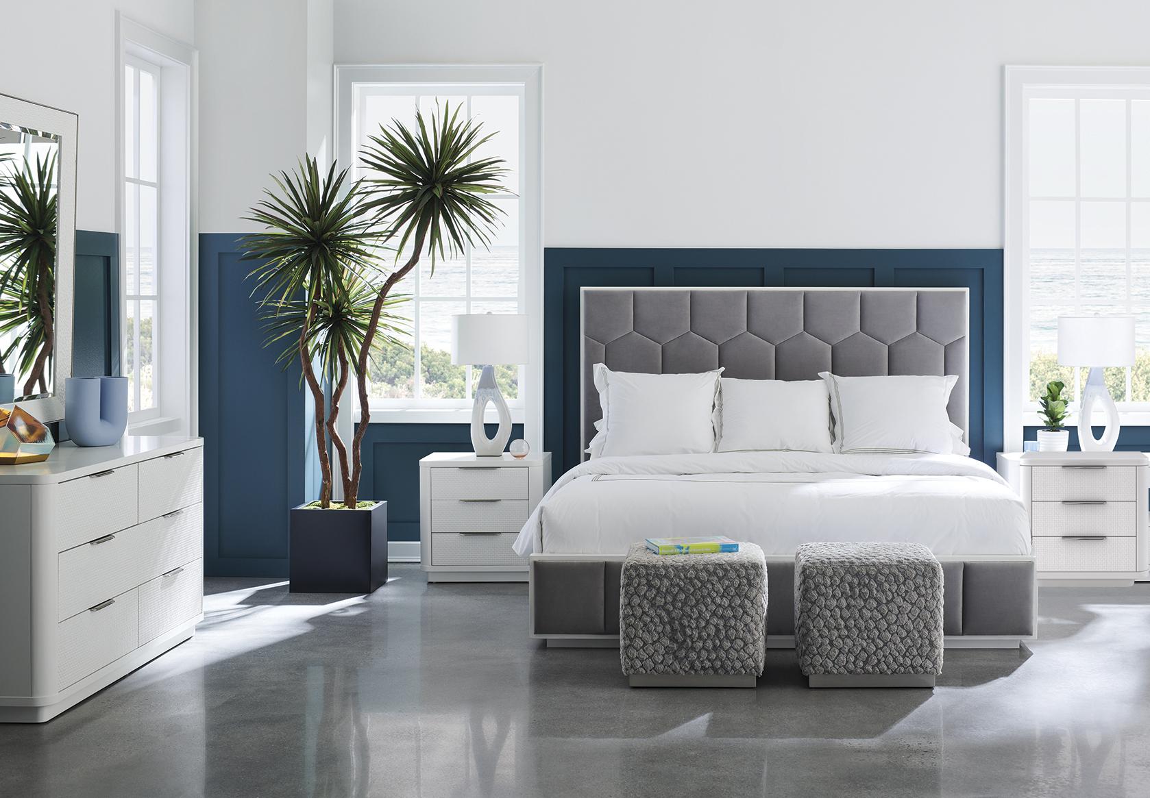 Contemporary Platform Bedroom Set HONEY I'M HOME / TOUCH BASE CLA-421-142-Set-4 in White, Gray Velvet
