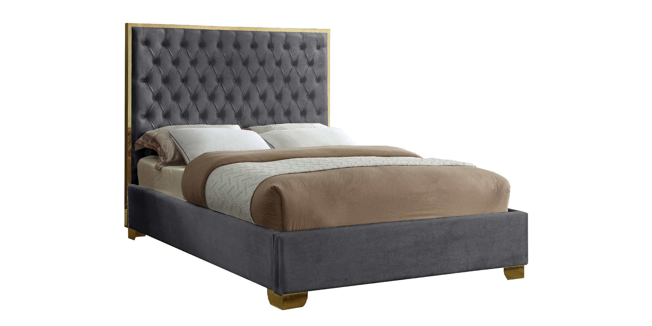 

    
Grey Velvet & Gold Trim Deep Tufting King Bed LANA Meridian Contemporary Modern

