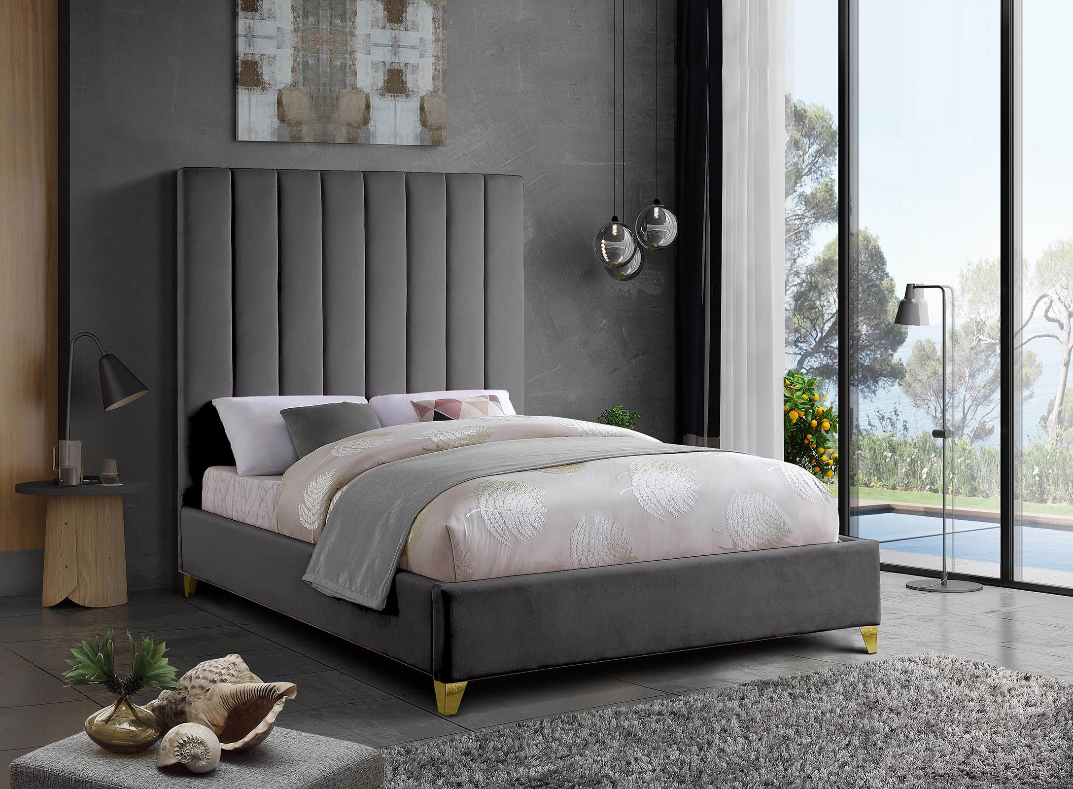 

    
Grey Velvet Channel Tufted Queen Bed VIA ViaGrey-Q Meridian Contemporary Modern
