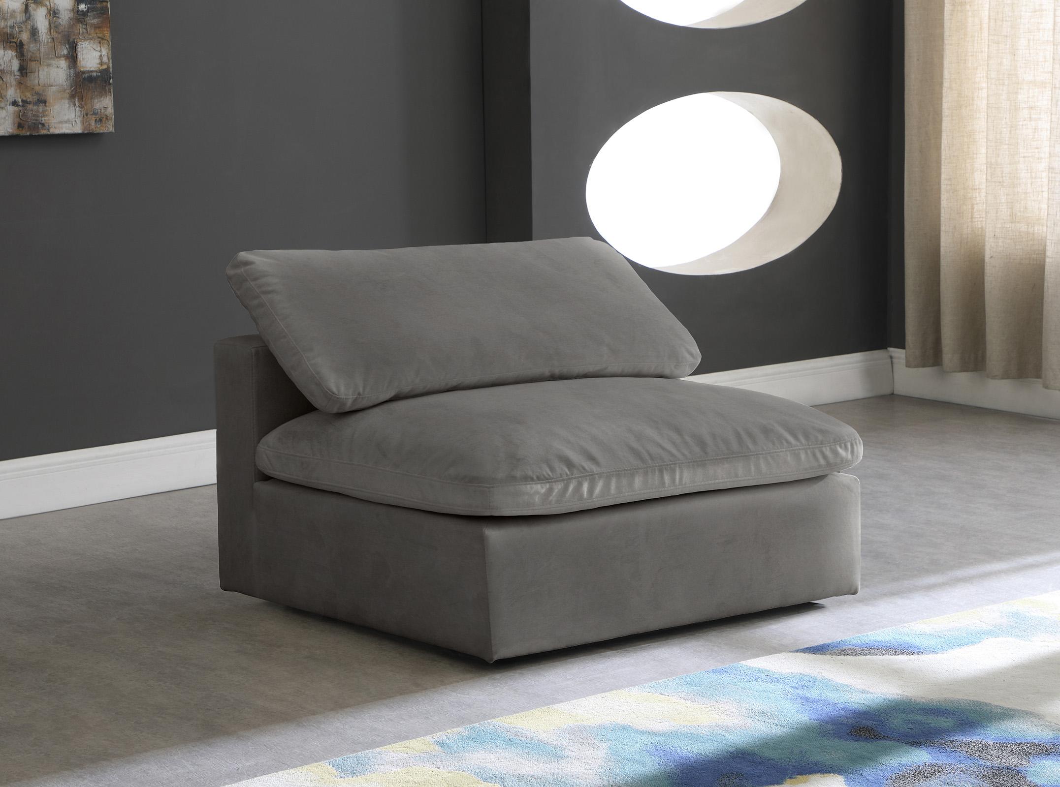 

    
Cozy Grey Velvet Modular Fiber Filled Comfort Overstuffed Armless Chair Meridian
