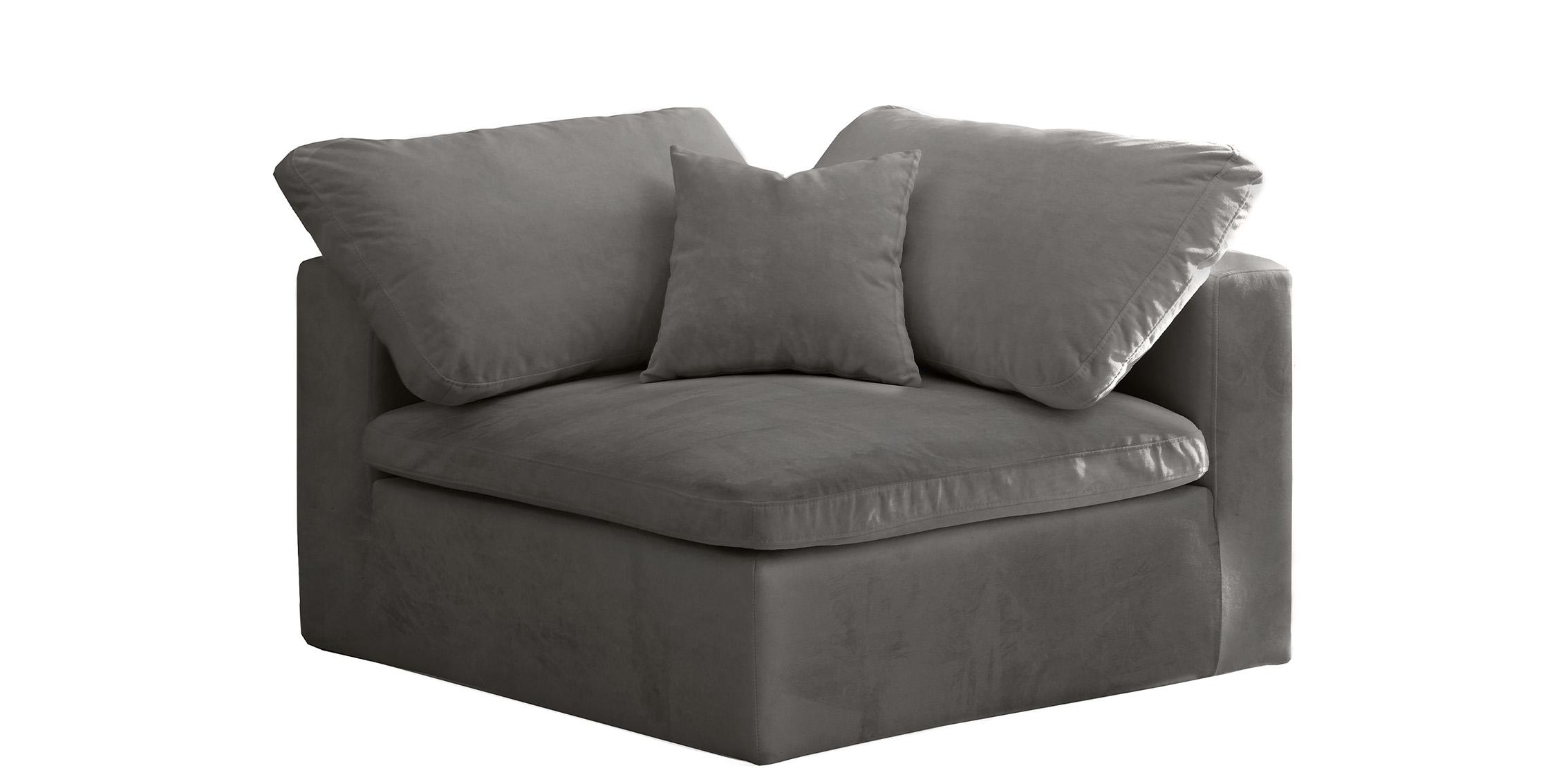 

    
Cozy Grey Velvet Modular Fiber Filled Comfort Overstuffed Corner Chair Meridian
