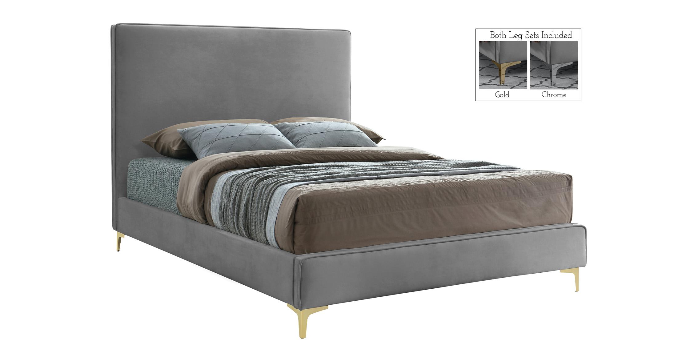 

    
Grey Velvet Gold & Chrome Legs Platform Queen Bed GeriGrey-Q Meridian Modern
