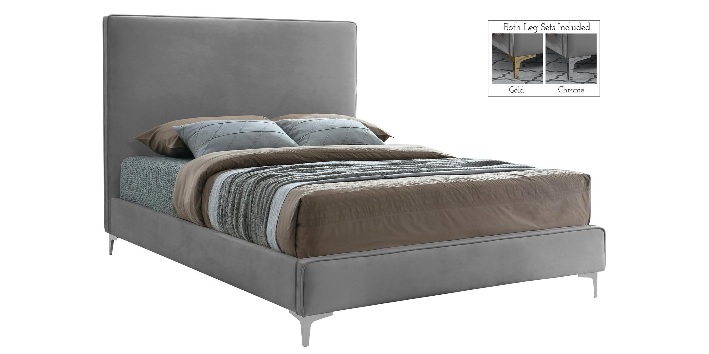 

    
Grey Velvet Gold & Chrome Legs Platform Queen Bed GeriGrey-Q Meridian Modern
