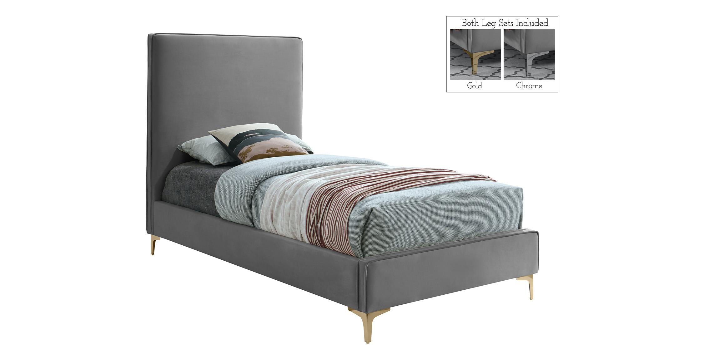 

    
Grey Velvet Gold & Chrome Legs Platform Twin Bed GeriGrey-T Meridian Modern

