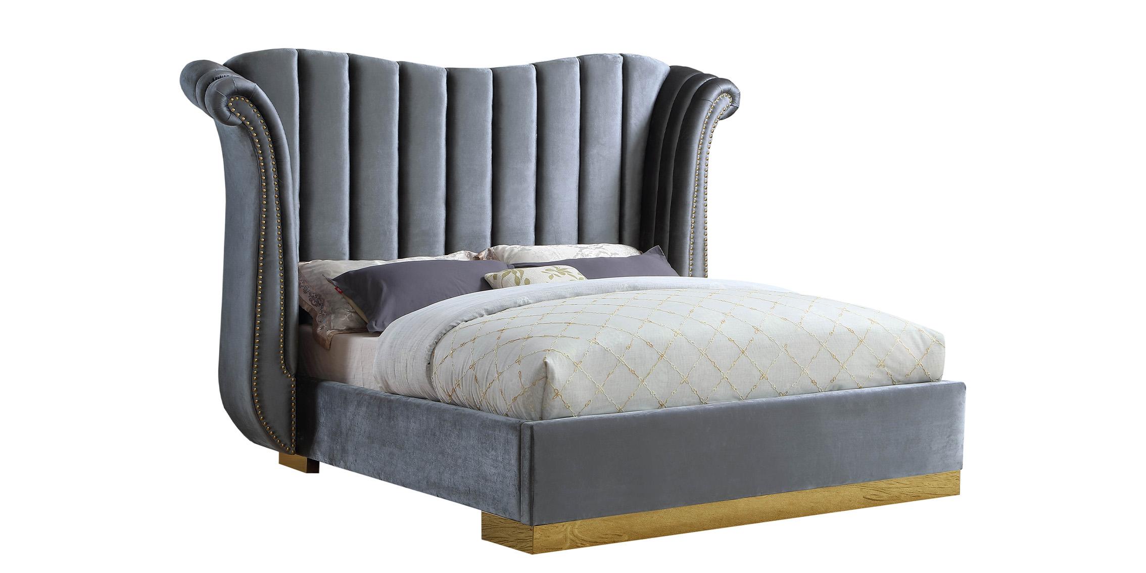 Contemporary Platform Bed FLORA FloraGrey-Q FloraGrey-Q in Gray, Gold Velvet