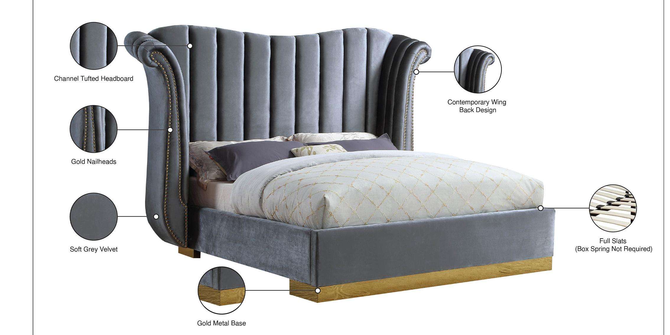 

        
Meridian Furniture FLORA FloraGrey-Q Platform Bed Gray/Gold Velvet 704831400144
