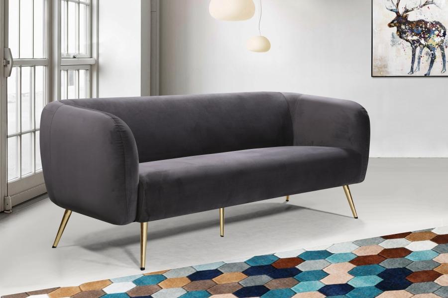 

    
Grey Velvet Gold Metal Legs Sofa Classic Meridian Furniture Harlow
