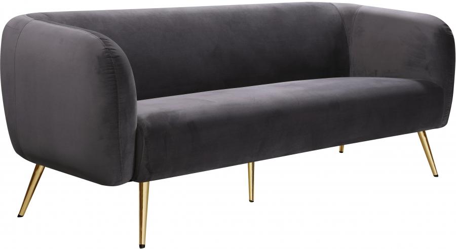 

    
Grey Velvet Gold Metal Legs Sofa Loveseat & Chair Meridian Furniture Harlow
