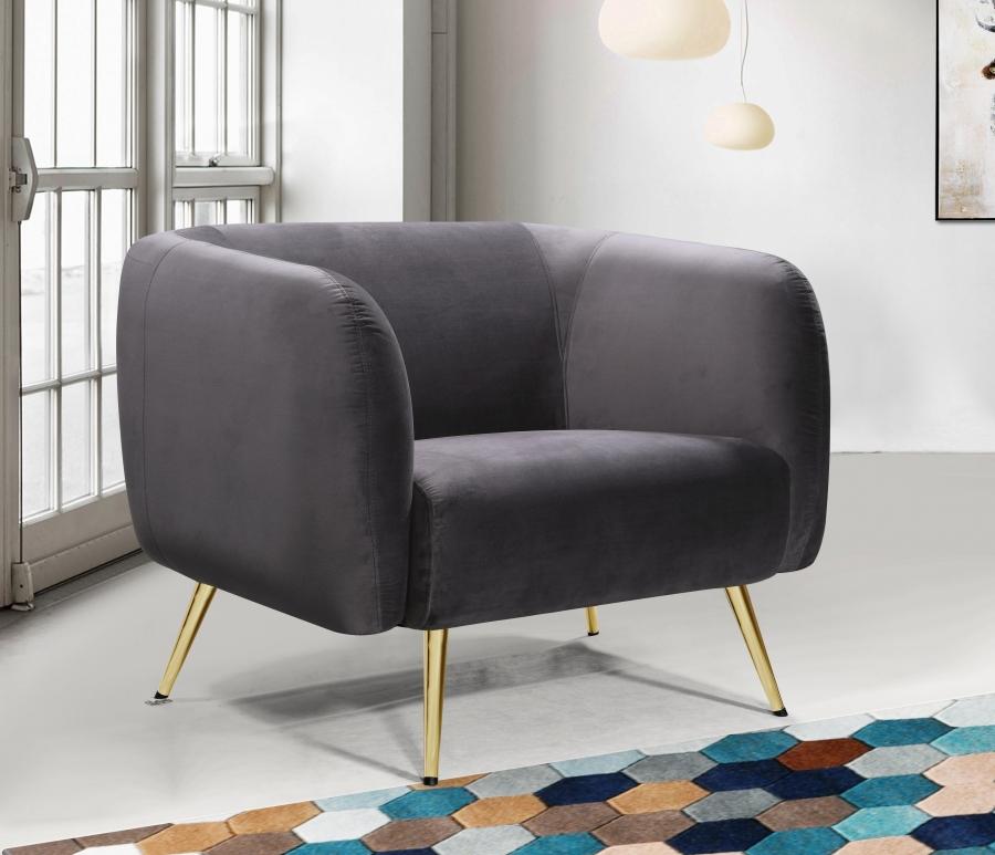 

    
 Shop  Grey Velvet Gold Metal Legs Sofa Loveseat & Chair Meridian Furniture Harlow

