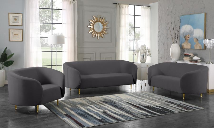 

    
Grey Velvet Gold Steel Legs Sofa Loveseat & Chair Meridian Furniture Lavilla

