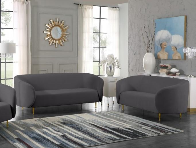 

    
Grey Velvet Gold Steel Legs Sofa & Loveseat Set 2Pcs Meridian Furniture Lavilla
