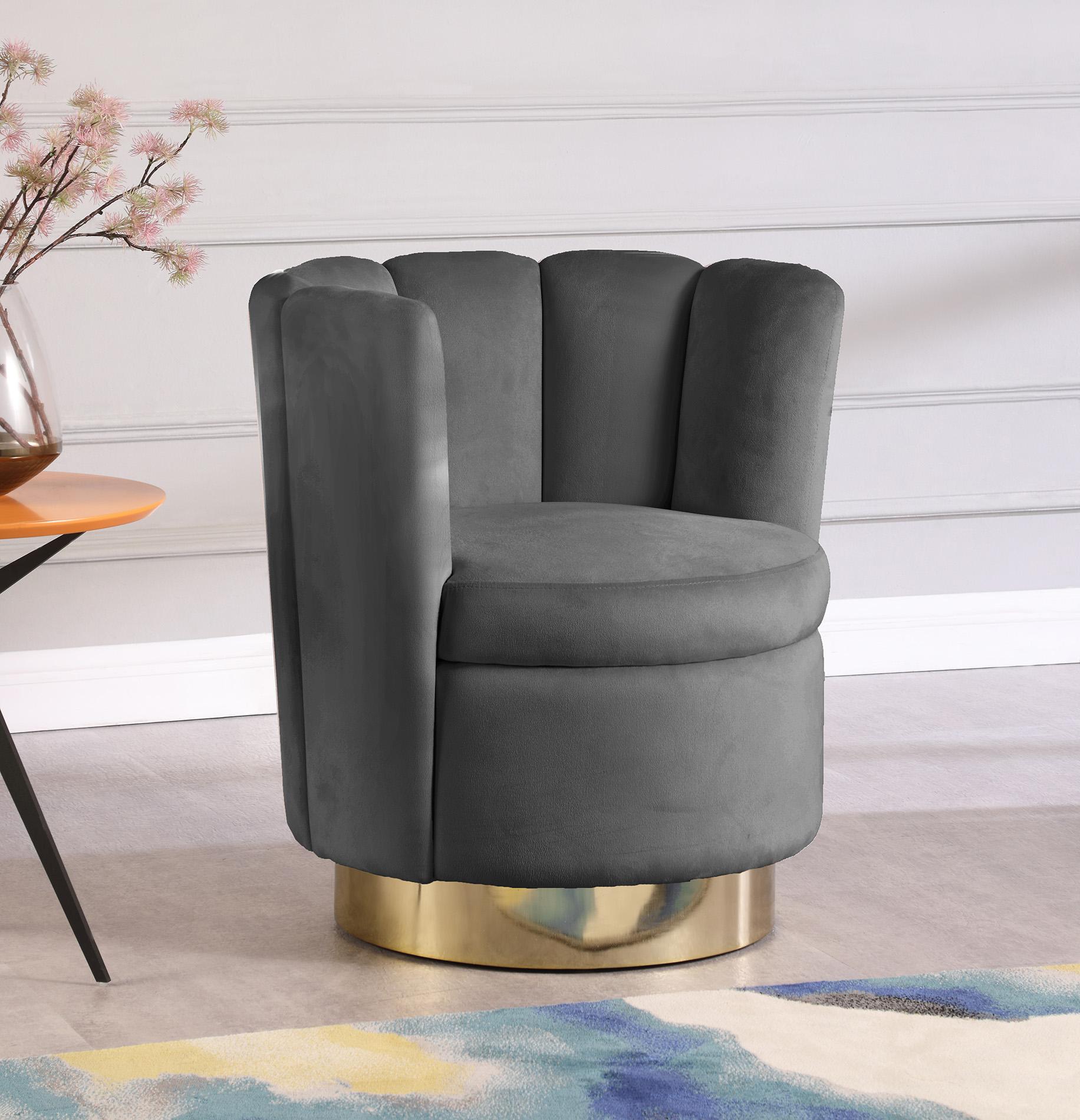 

    
Grey Velvet & Gold Swivel Base Chair LILY 578Grey Meridian Contemporary Modern
