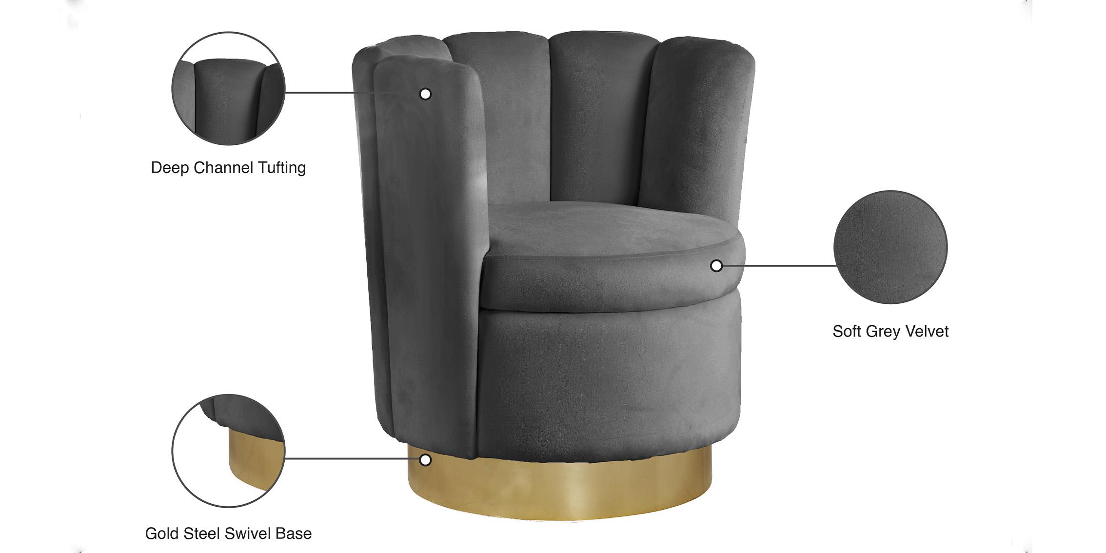 

    
Grey Velvet & Gold Swivel Base Chair LILY 578Grey Meridian Contemporary Modern
