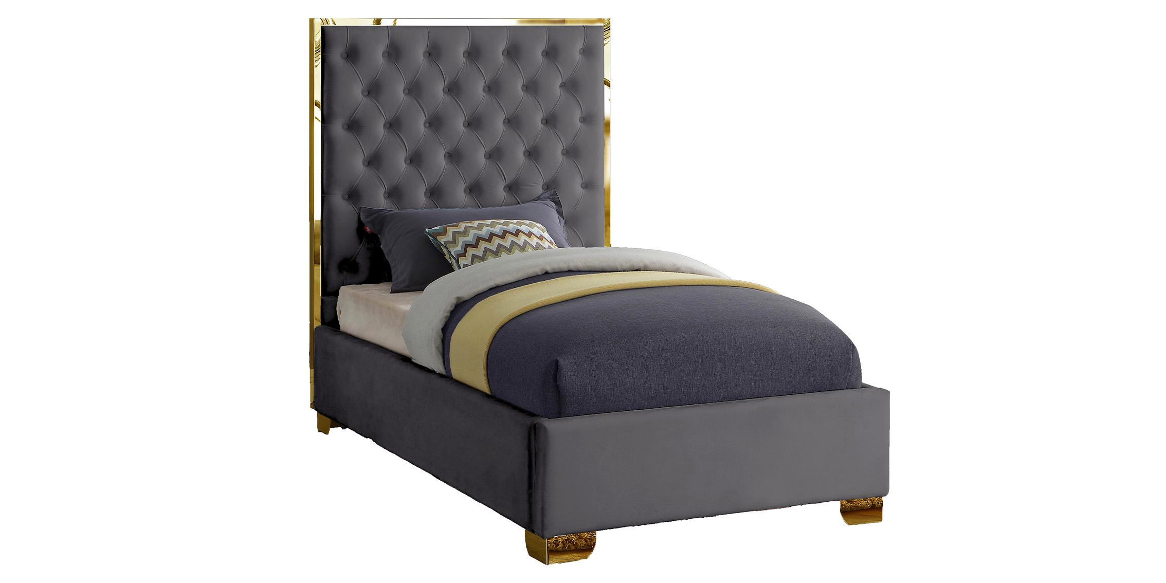 

    
Grey Velvet & Gold Trim Deep Tufting Twin Bed LANA Meridian Contemporary Modern
