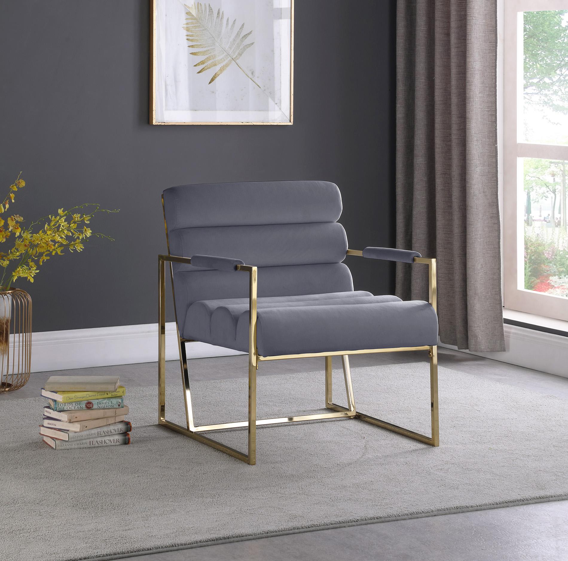 

    
Grey Velvet & Gold Tufted Accent Chair WAYNE 526Grey Meridian Contemporary
