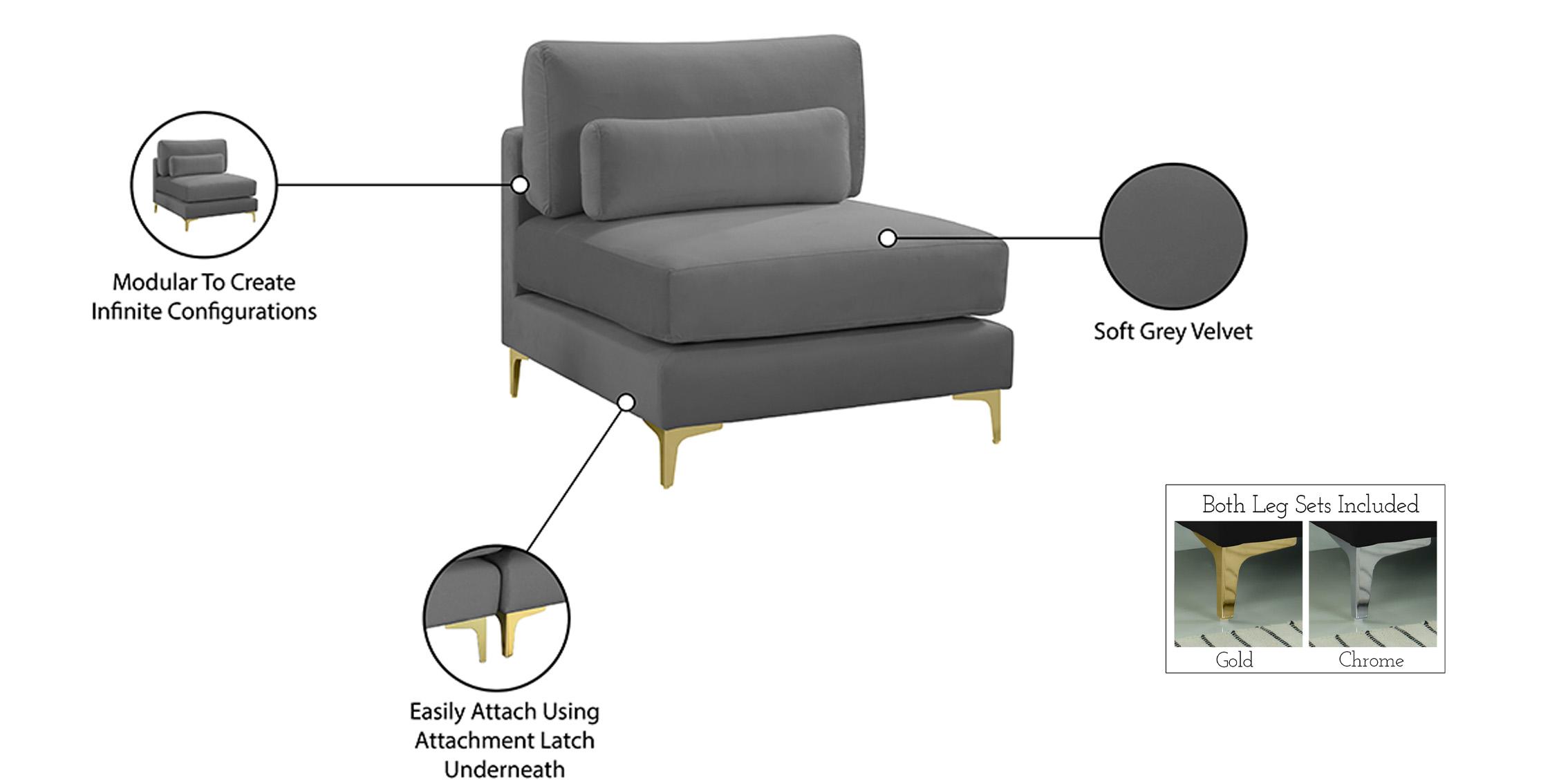 

        
Meridian Furniture JULIA 605Grey-Armless Armless Chair Gray Velvet 753359799872
