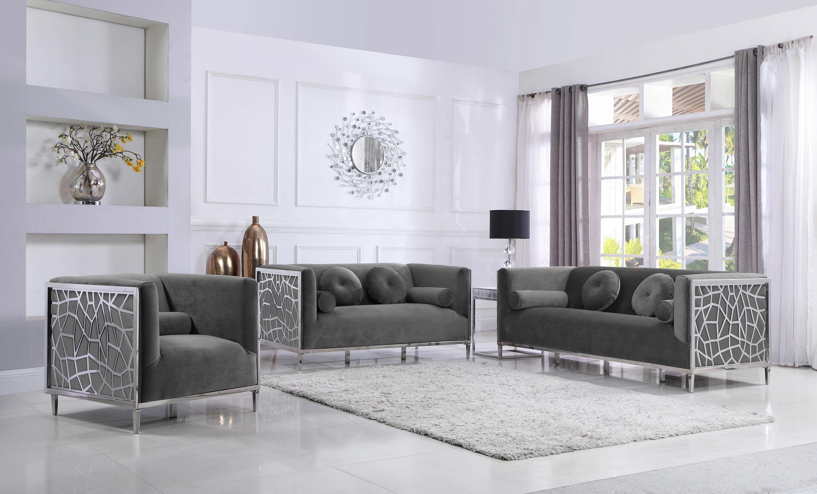

    
 Order  Grey Velvet & Chrome Stainless Steel Sofa Set 2Pc OPAL 672Grey-S Meridian Modern
