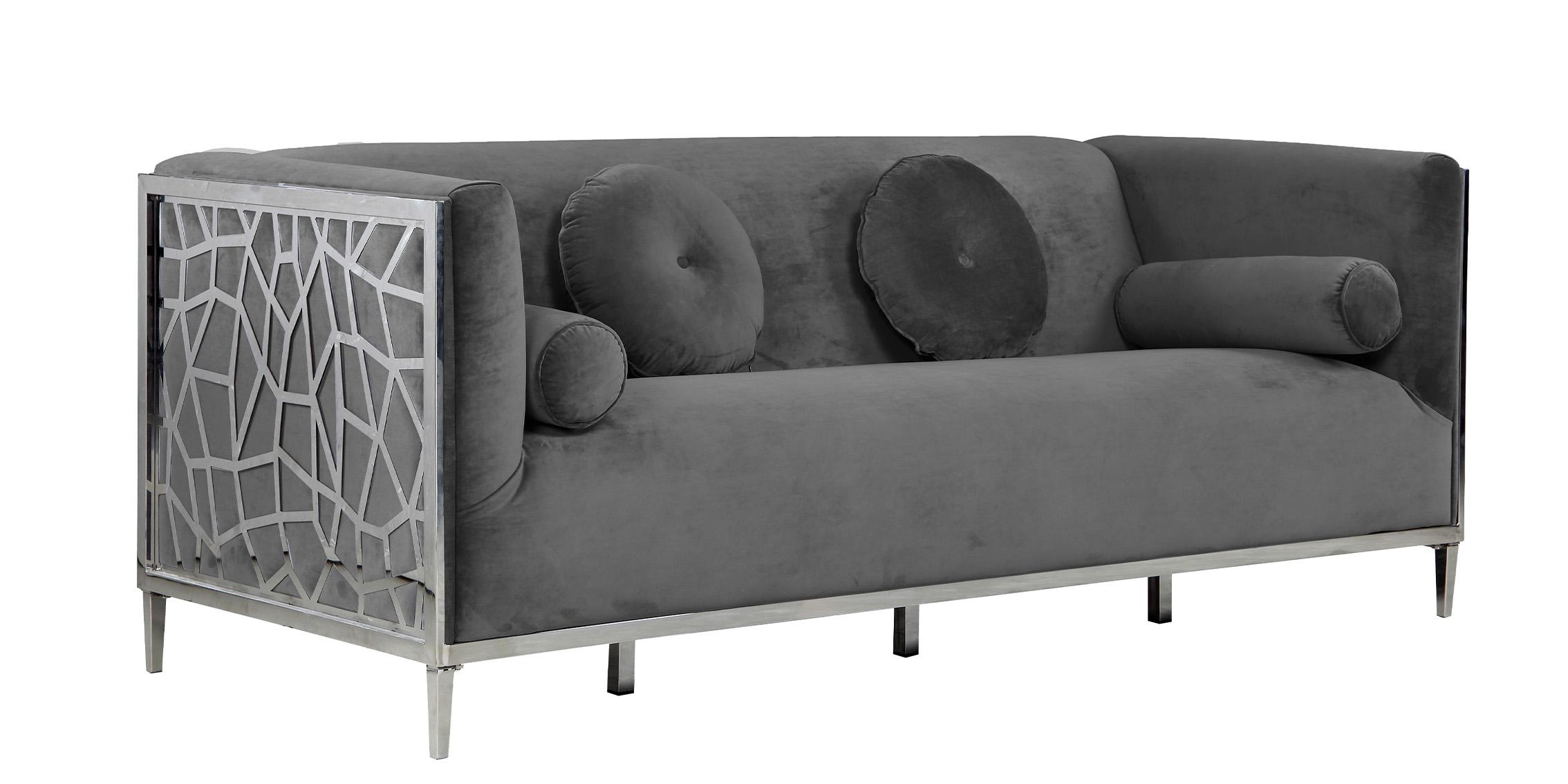 

    
Grey Velvet & Chrome Stainless Steel Sofa Set 2Pc OPAL 672Grey-S Meridian Modern
