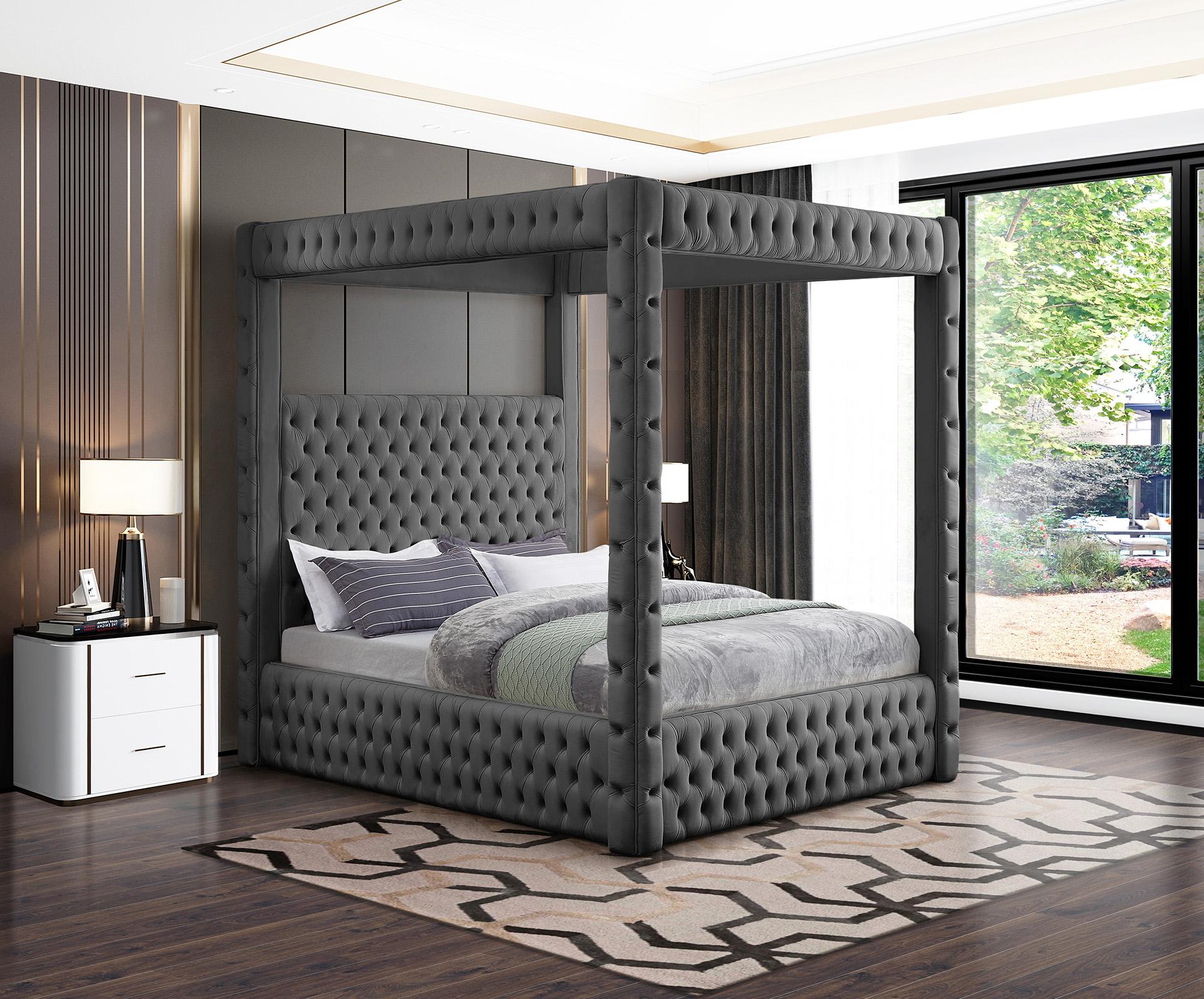 

    
Grey Velvet Tufted King Canopy Bed ROYAL RoyalGrey-K Meridian Contemporary
