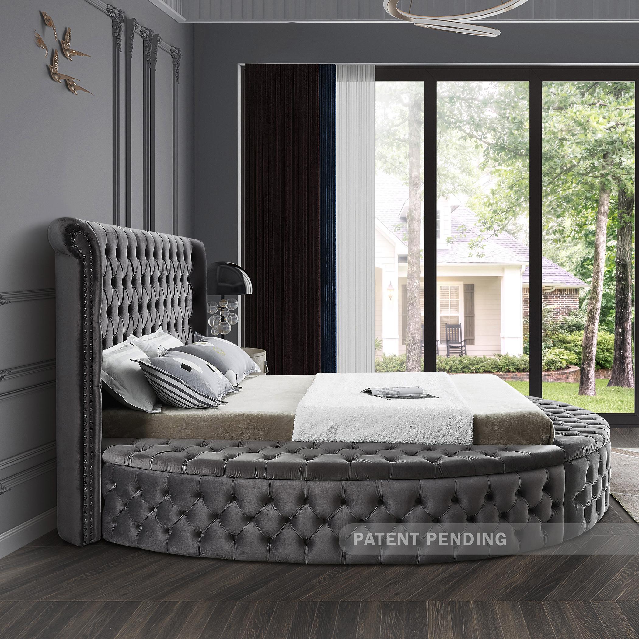 

    
 Order  Grey Velvet Tufted Round Storage Queen Bed LUXUS Meridian Contemporary Modern
