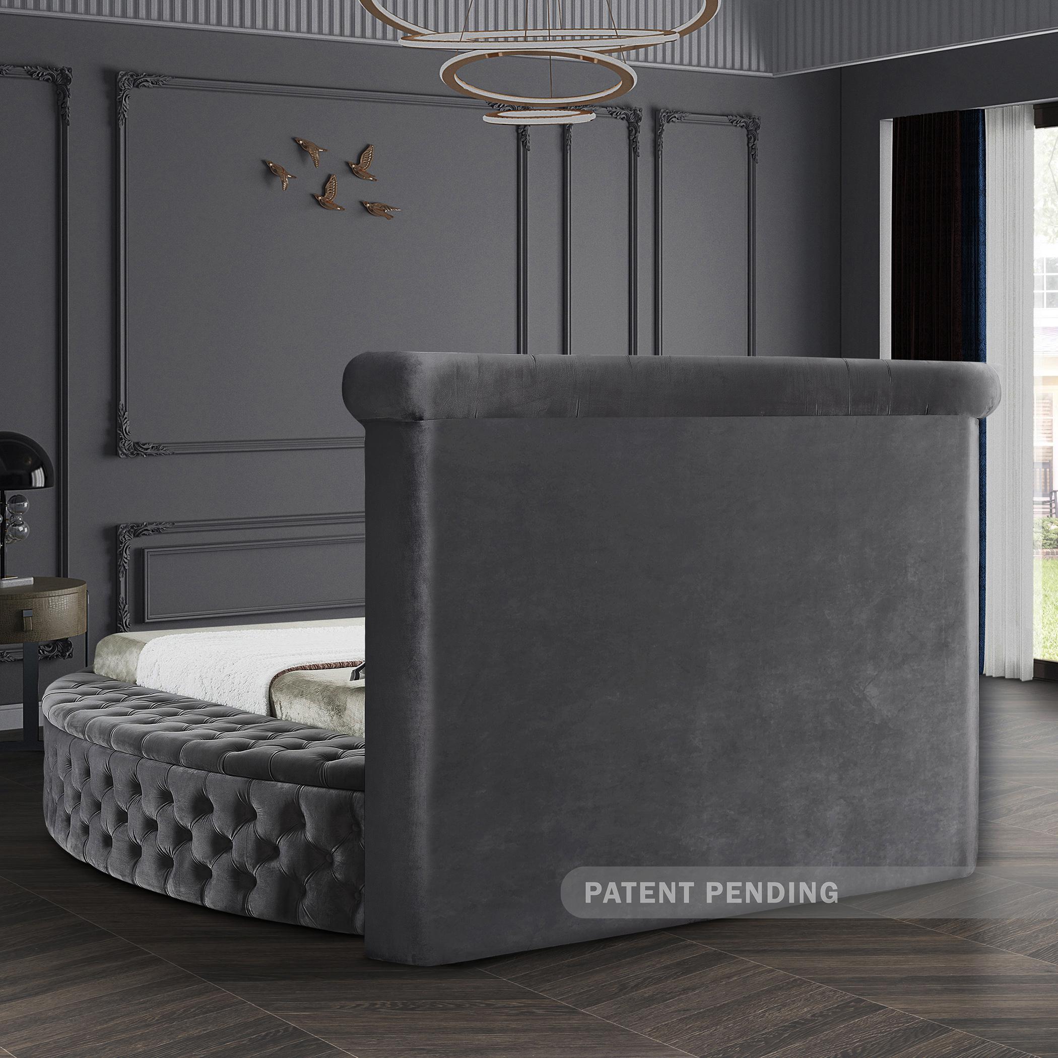 

    
 Shop  Grey Velvet Tufted Round Storage Queen Bed LUXUS Meridian Contemporary Modern
