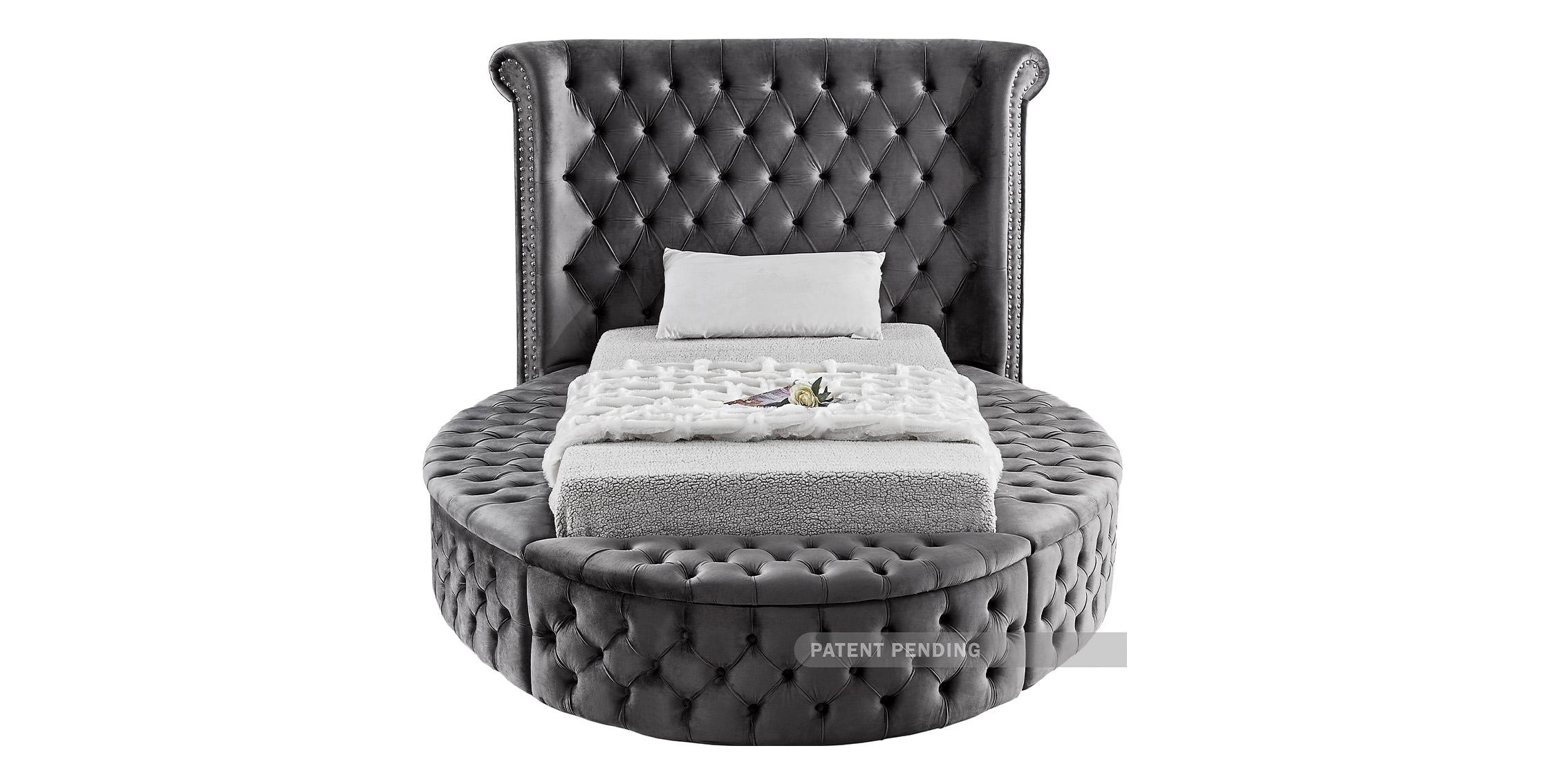 

    
Grey Velvet Tufted Round Storage TWIN Bed LUXUS Meridian Contemporary Modern
