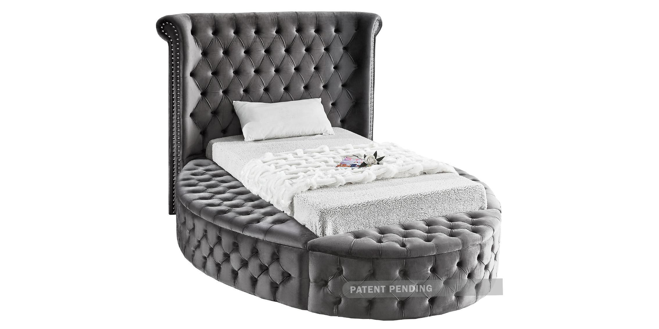 

    
Grey Velvet Tufted Round Storage TWIN Bed LUXUS Meridian Contemporary Modern
