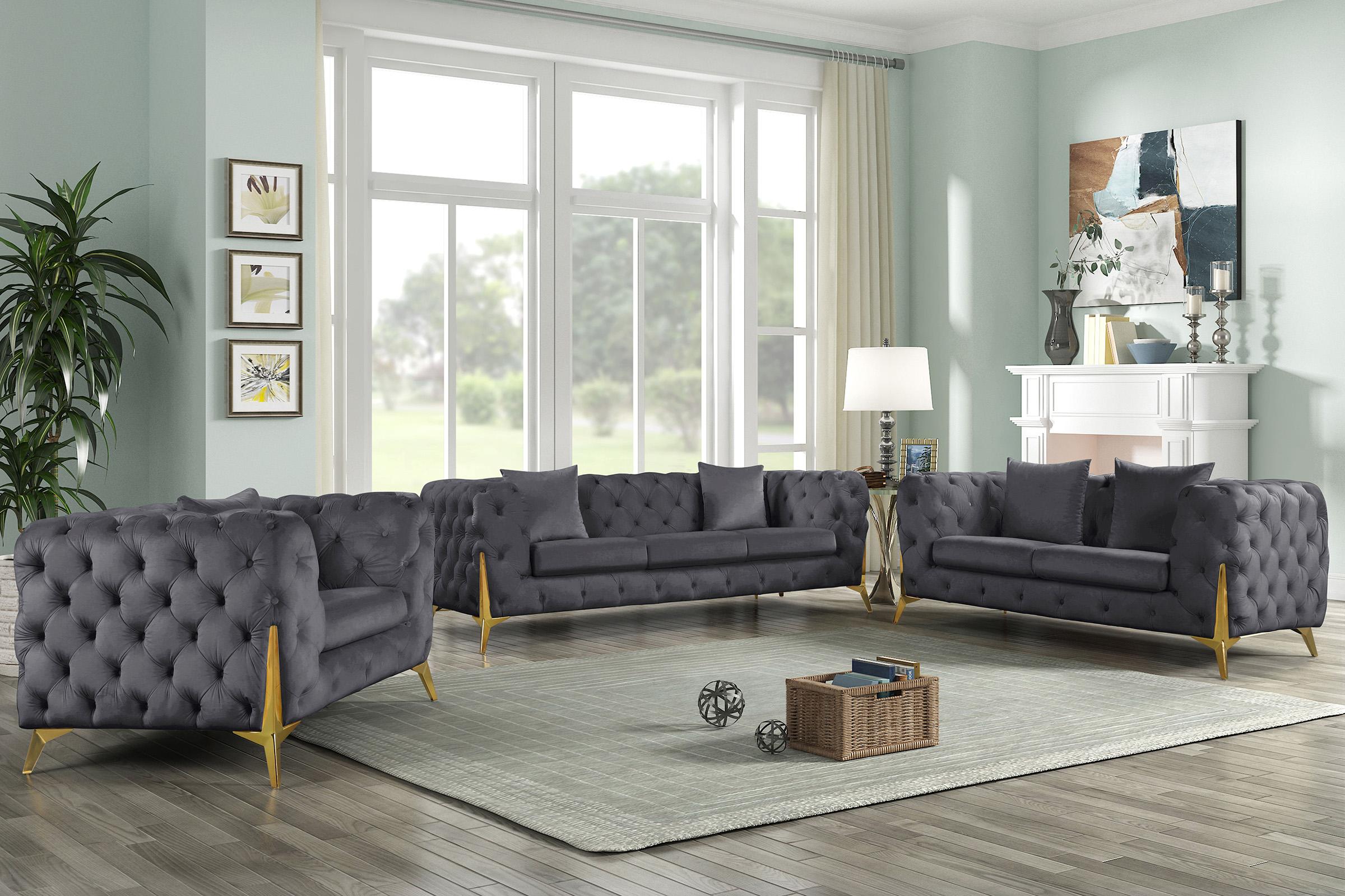 

    
Grey Velvet Tufted Sofa Set 3Pcs KINGDOM 695Grey Meridian Modern Contemporary
