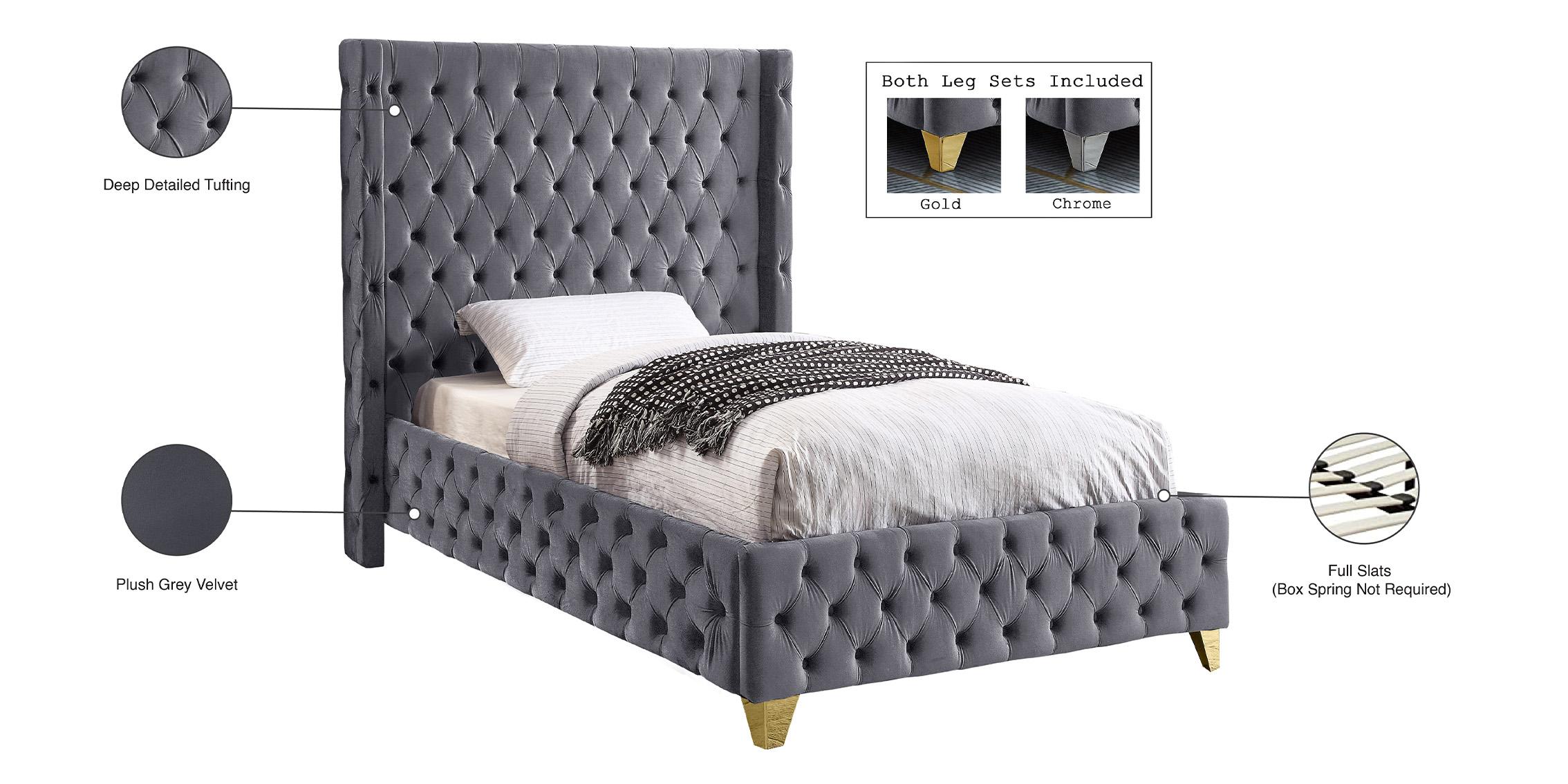 

        
Meridian Furniture SAVAN SavanGrey-T Platform Bed Chrome/Gray/Gold Velvet 094308254968
