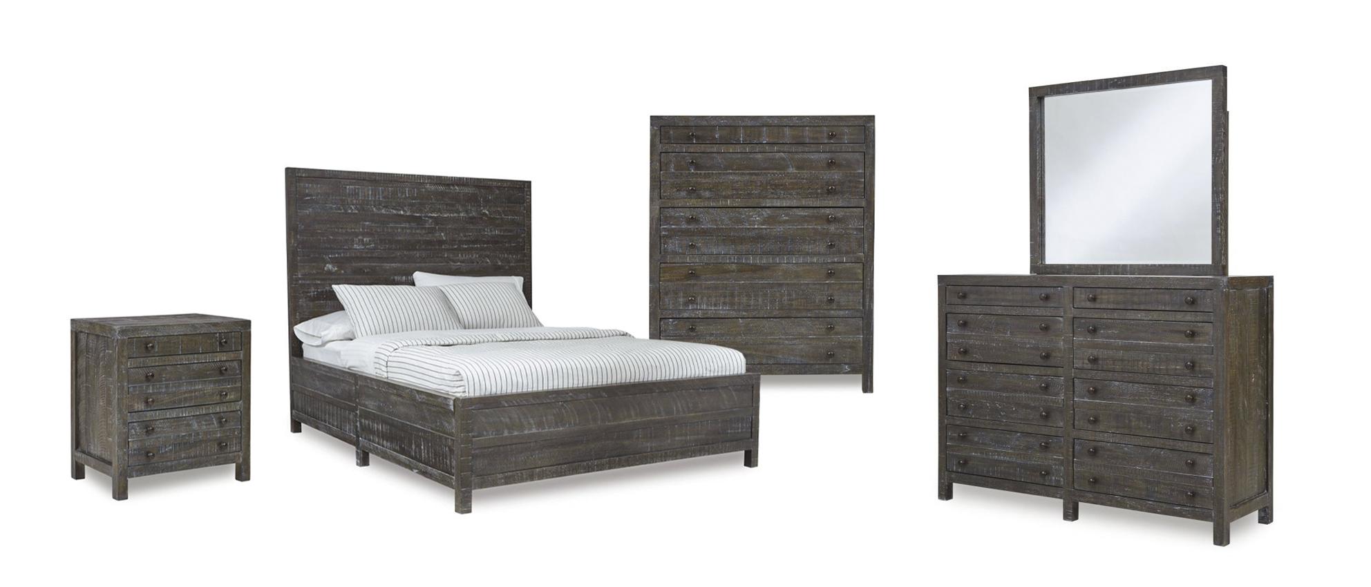 

    
Gunmetal Finish Solid Hardwood Panel King Bedroom Set 5Pcs w/Chest TOWNSEND by Modus Furniture

