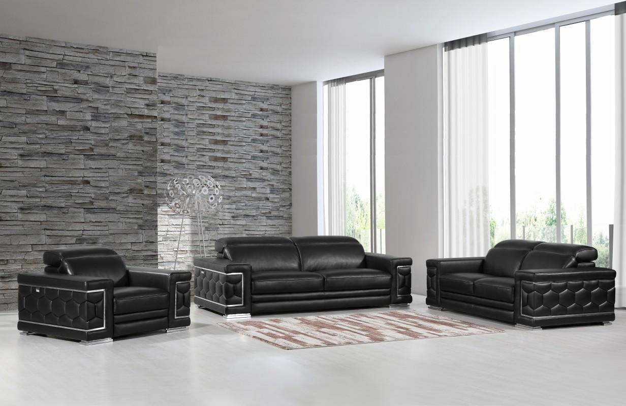 Contemporary Sofa Loveseat and Chair Set Hawkesbury Common SKU: ORNL4862 in Black Genuine Leather