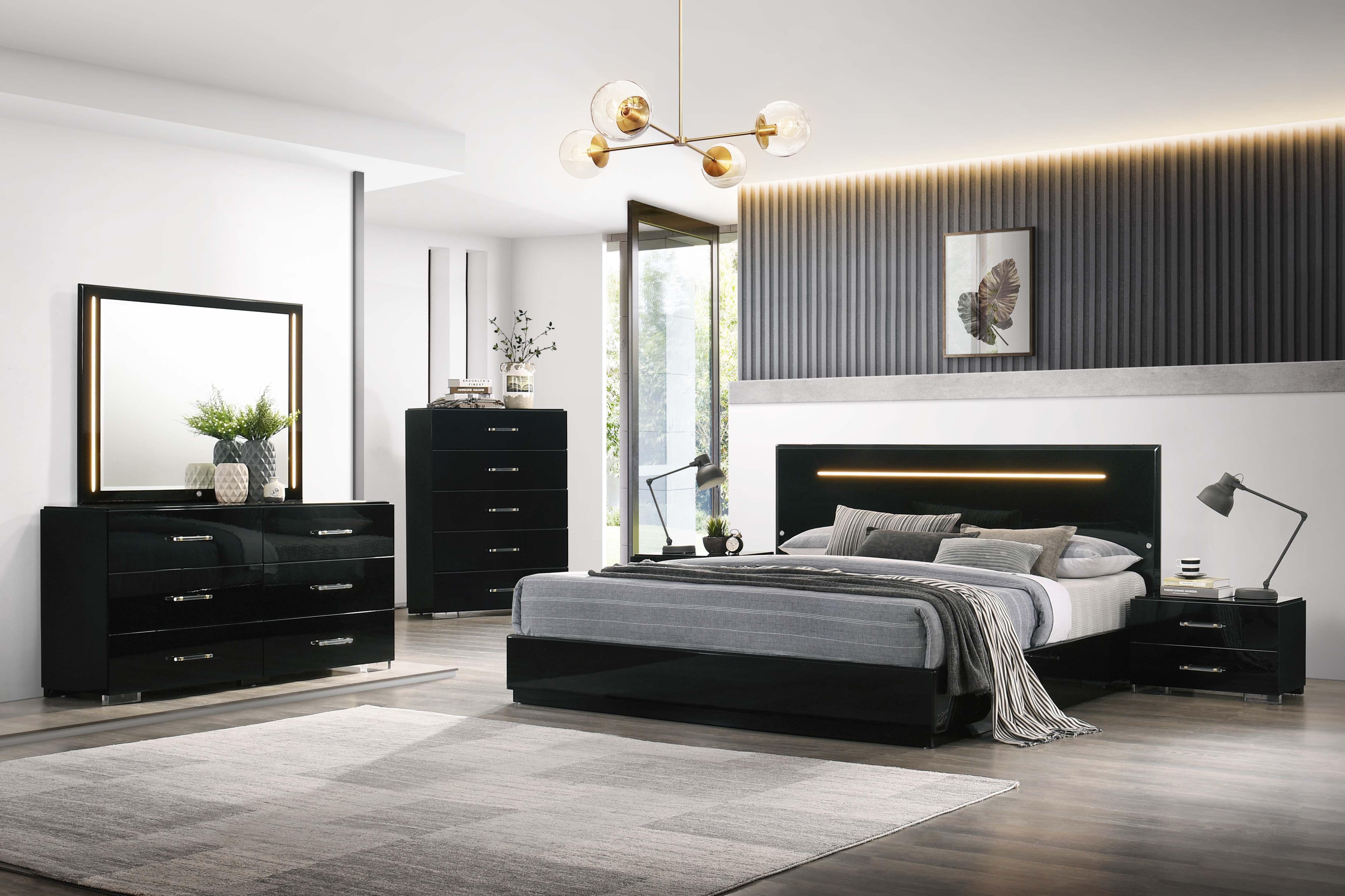 

    
 Order  High Gloss Black Finish Platform King Size Bedroom Set 4Pcs Florence by Chintaly Imports

