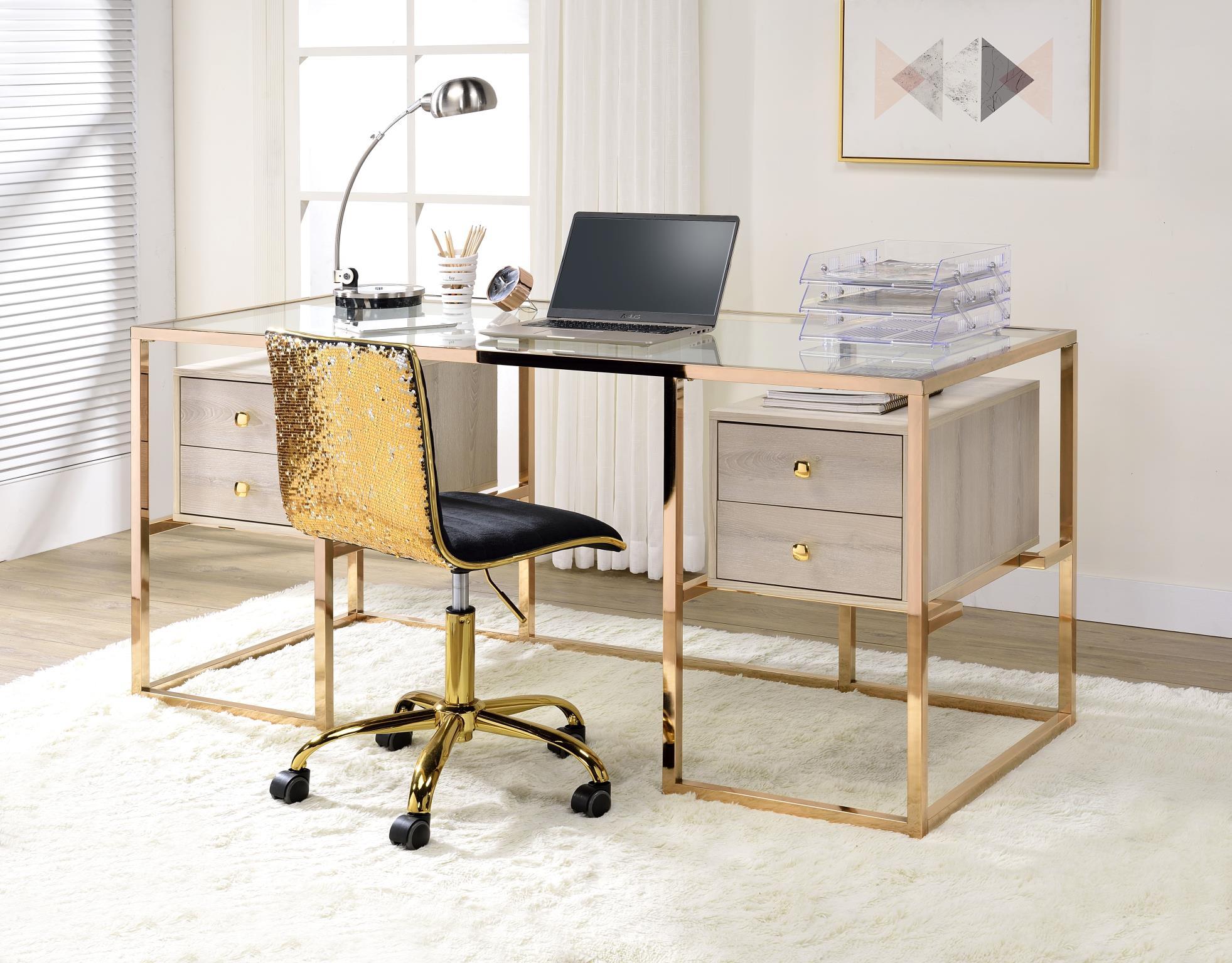 

    
Clear Glass & Gold Home Office Desk by Acme Huyana 92945
