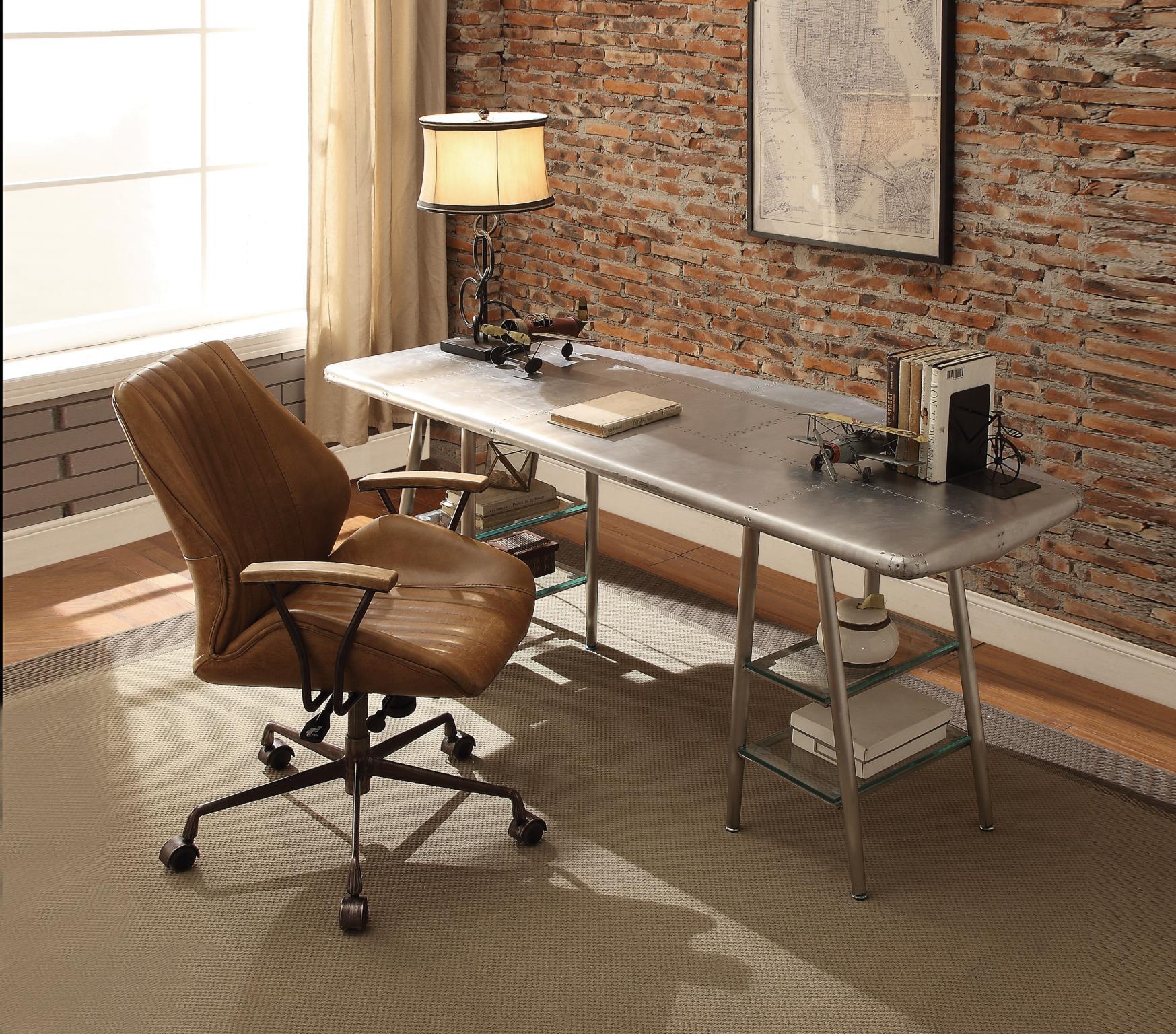 Vintage Home Office Set Brancaster-Hamilton-92790-92413 92790-2PC in Metal, Cocoa, Brown Top grain leather