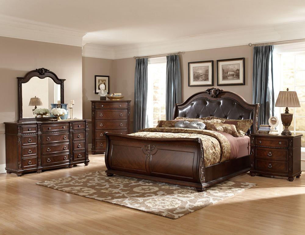 Classic, Traditional Sleigh Bedroom Set Hillcrest Manor 2169SL-1 Hillcrest Manor 2169SL-1-Q-Set-4 in Rich Cherry Finish Geniune Leather