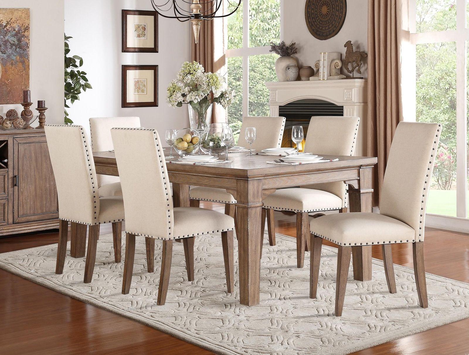 Contemporary, Modern Dining Table Set Mill Valley 5108-84-Set-7- Mill Valley in Beige, Wash Oak Fabric
