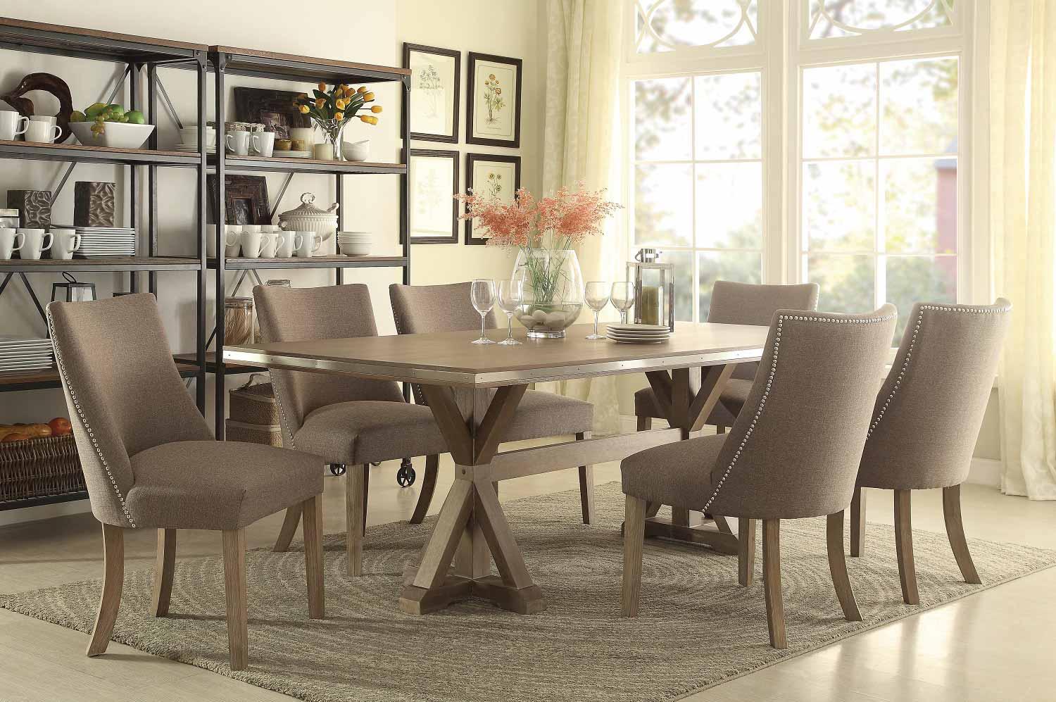 Contemporary, Modern Dining Table Set Beaugrand 5177-84-Set-7-Beaugrand in Light Brown Fabric