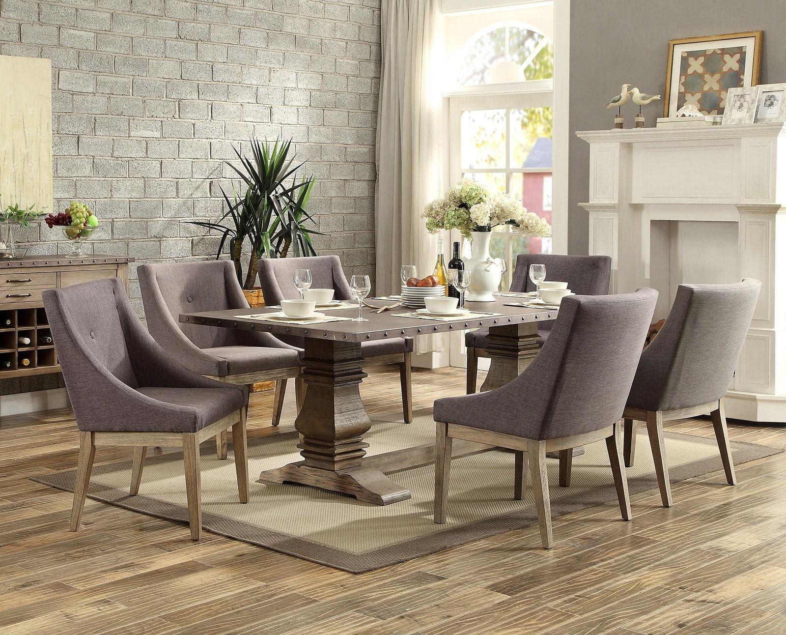 Contemporary, Traditional Dining Table Set Anna Claire 5428-84+5428-S3x6-Anna Claire in Gray, Driftwood Fabric