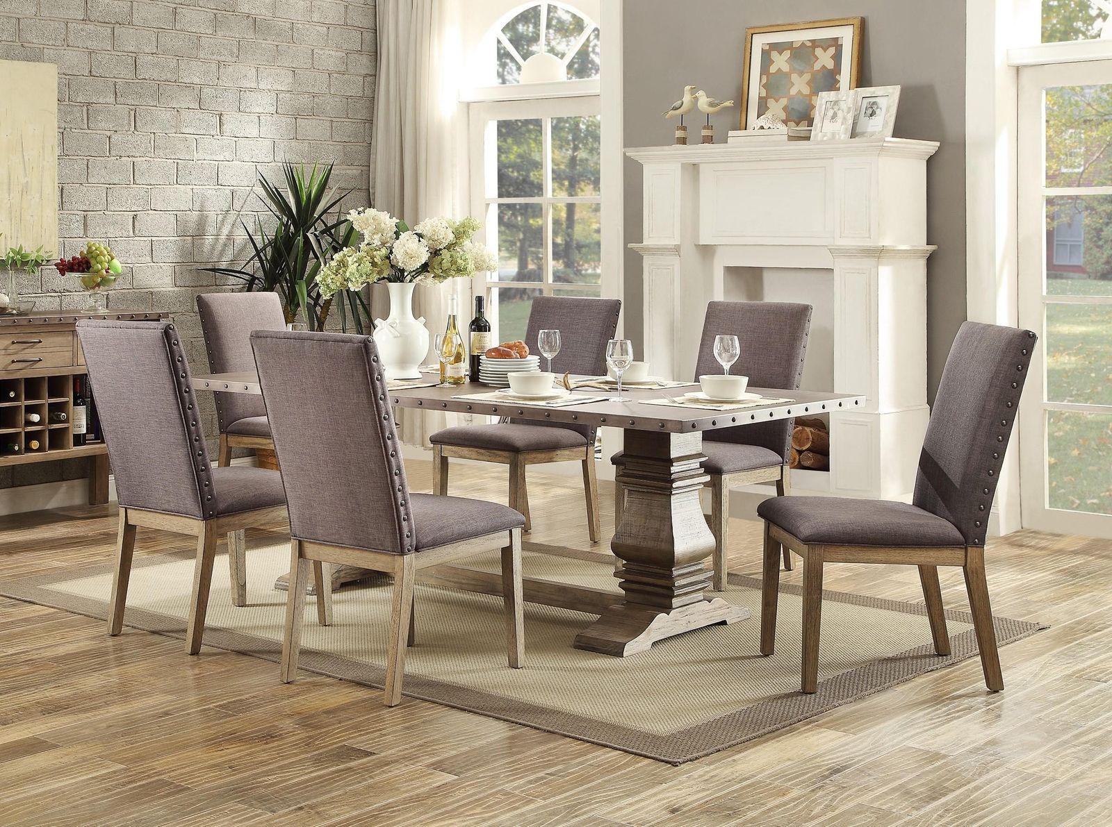 

    
Homelegance 5428-84 Anna Claire Rustic Driftwood Zinc Trestle Dining Table Set 7
