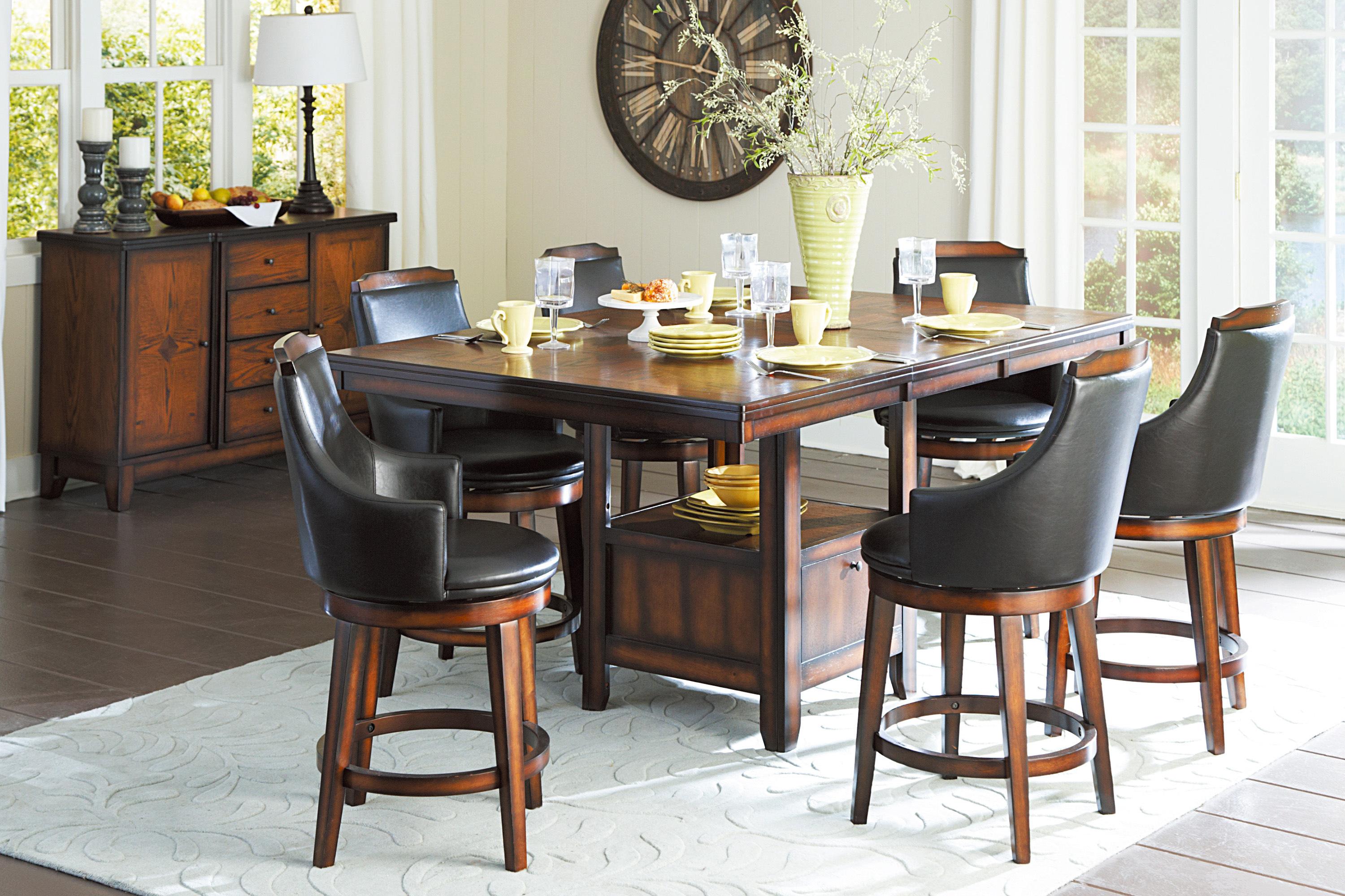 Transitional Dining Table Set 5447-36XL-7PC Bayshore 5447-36XL-7PC in Oak, Dark Brown Faux Leather