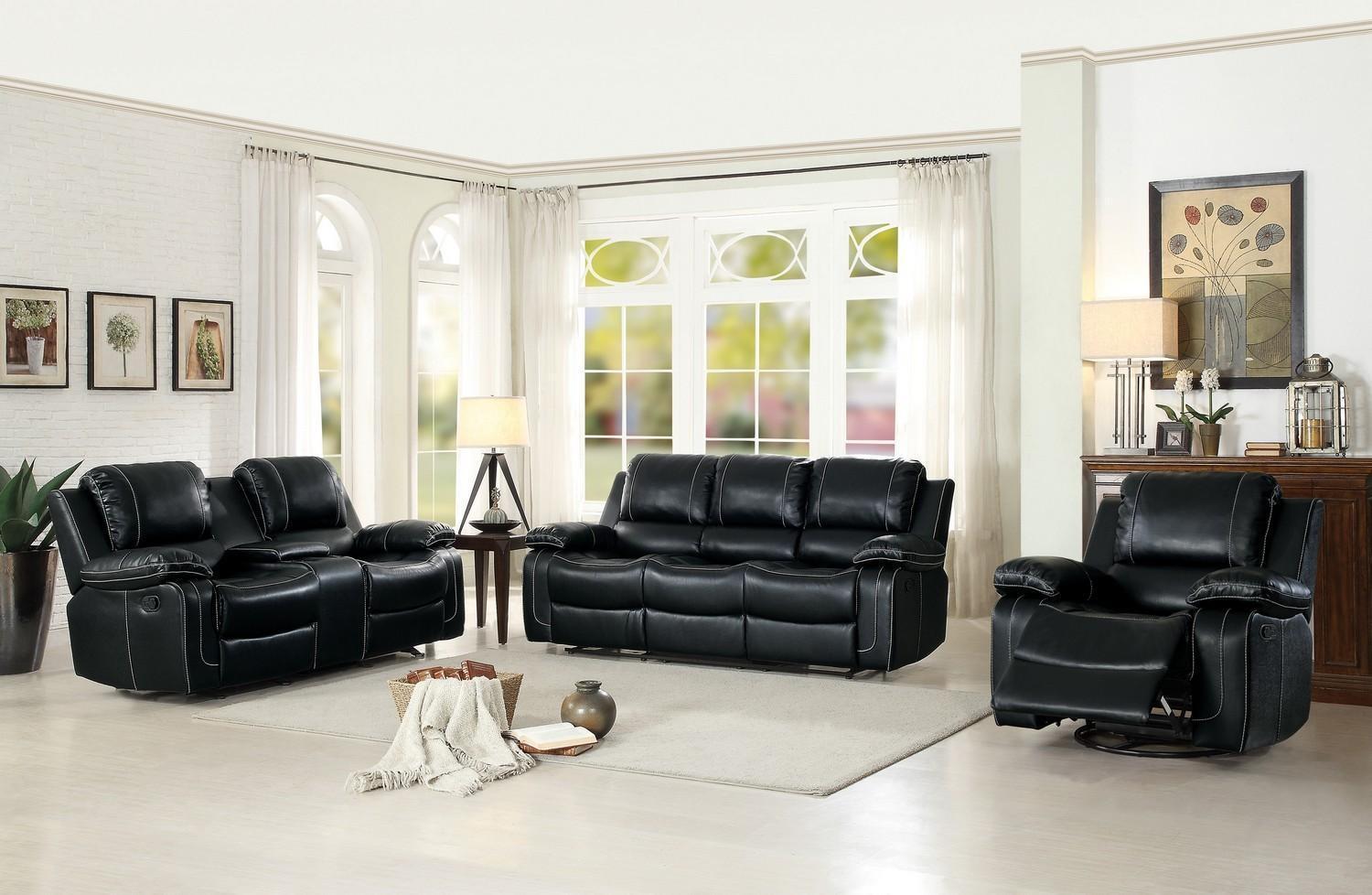 Contemporary Recliner Sofa Set Oriole 8334BLK-Sofa Set-3 in Black Leather Match