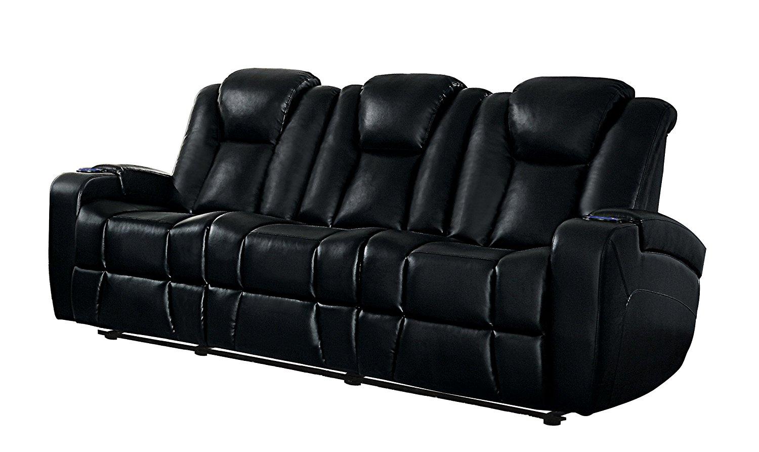 Contemporary Reclining Sofa Madoc 8444BLK-3PW-Recliner Sofa in Black Leather Match