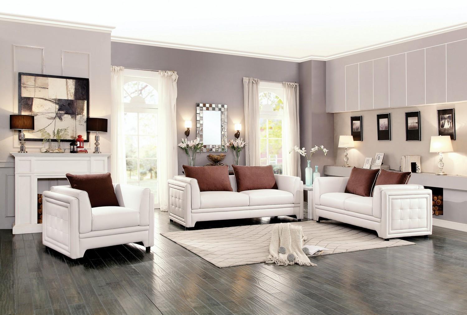 Classic, Traditional Sofa Loveseat and Chair Set Azure 8478-Sofa Set-3 in Off-White Faux Leather
